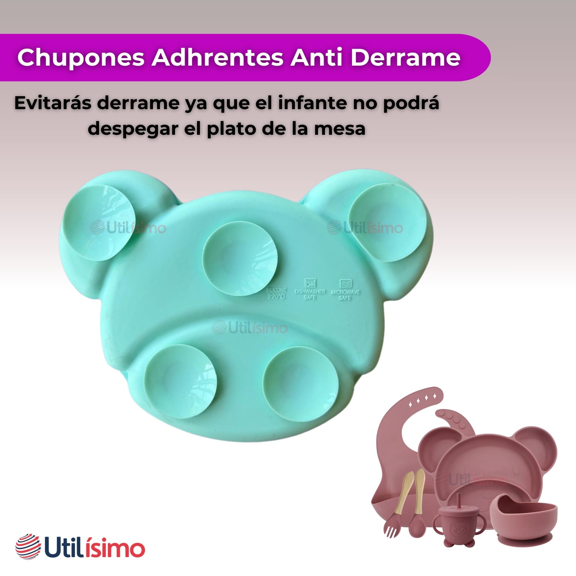 SET DE ALIMENTACIÓN BEBÉ SILICONA 6 PIEZAS LIBRE BPA COLOR ROSA OSCURO - 11