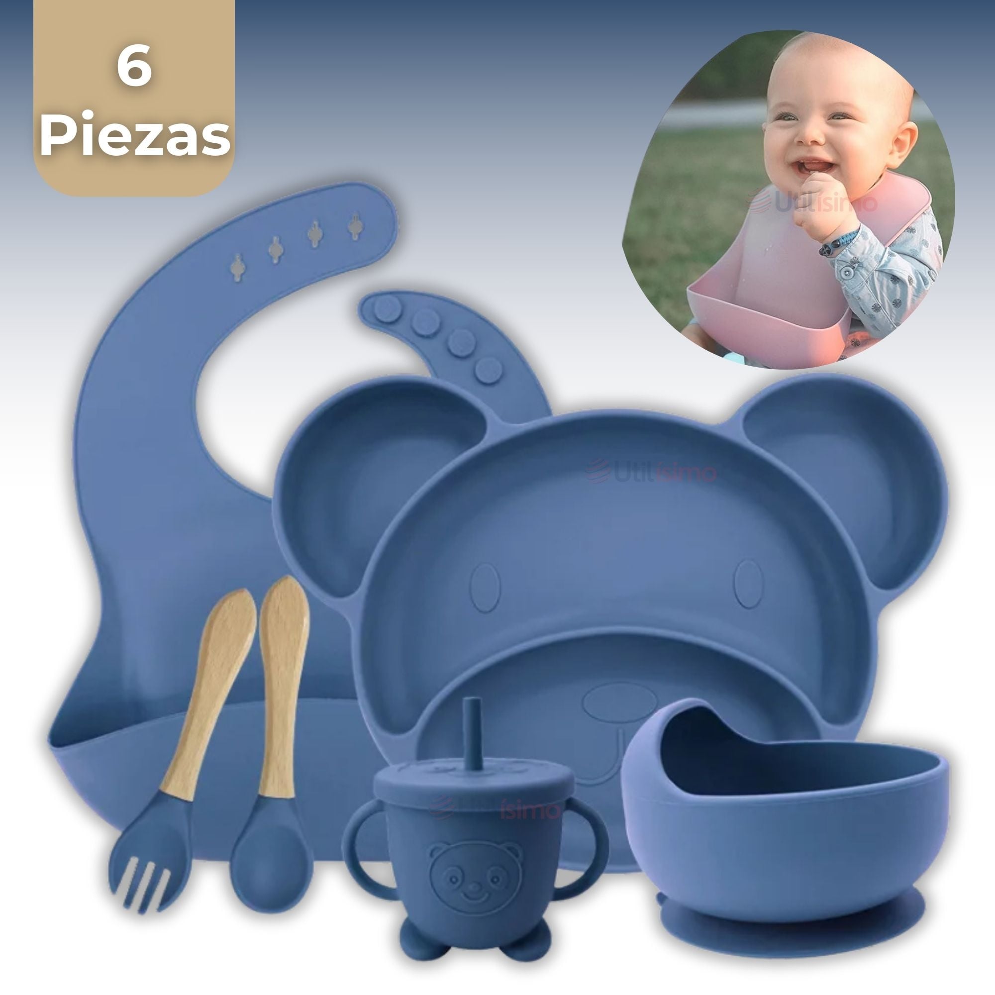 SET DE ALIMENTACIÓN BEBÉ SILICONA 6 PIEZAS LIBRE BPA COLOR AZUL - 1