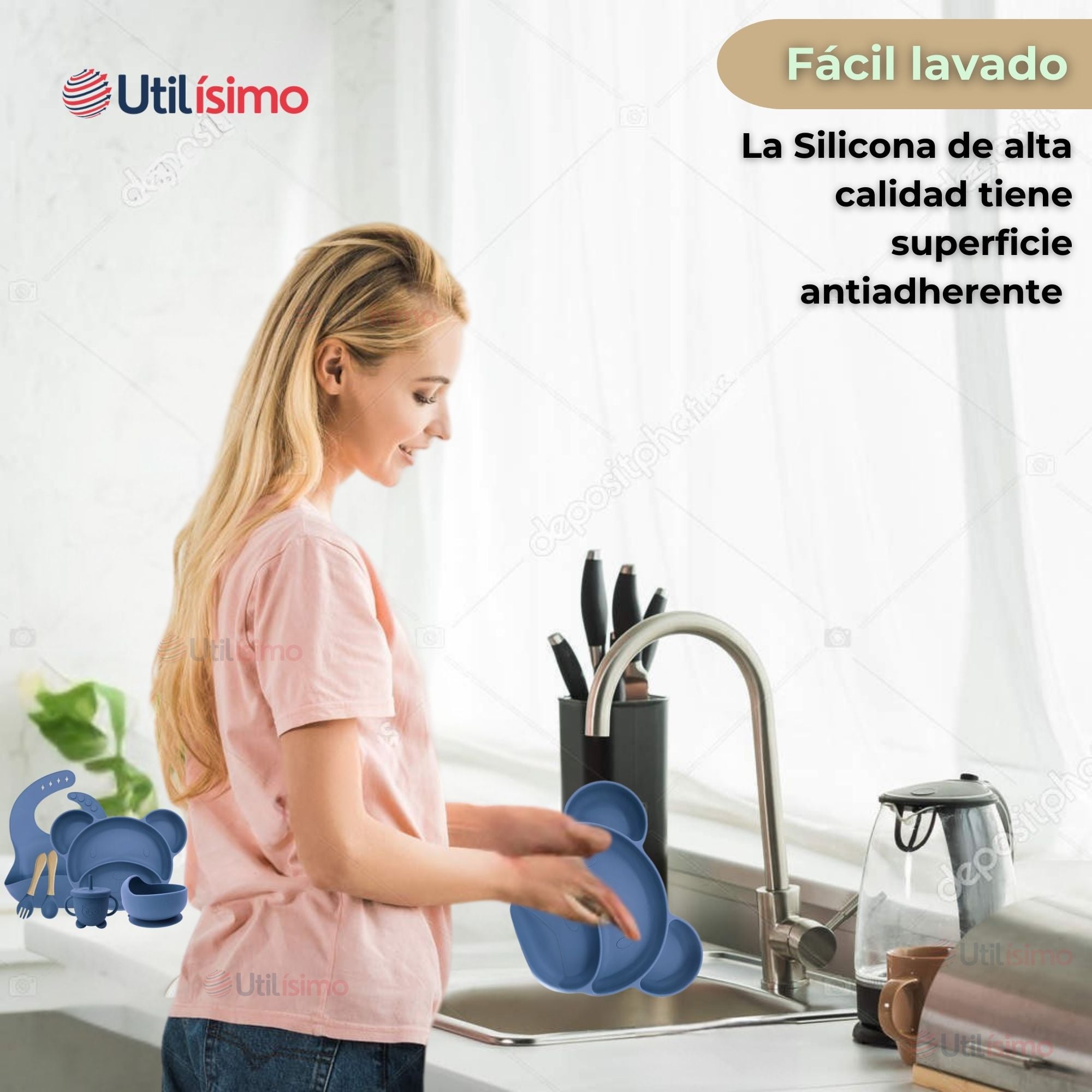 SET DE ALIMENTACIÓN BEBÉ SILICONA 6 PIEZAS LIBRE BPA COLOR AZUL - 2