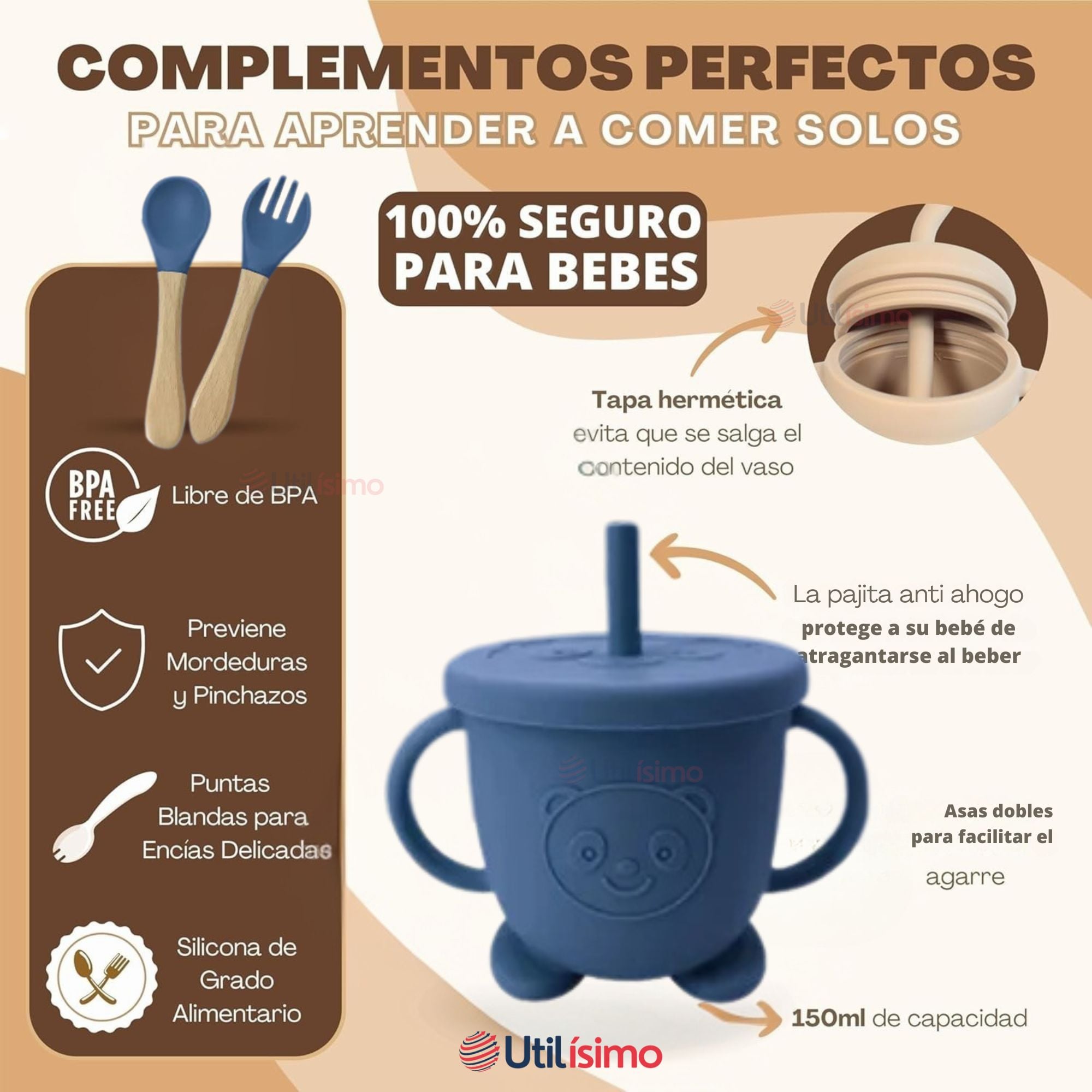SET DE ALIMENTACIÓN BEBÉ SILICONA 6 PIEZAS LIBRE BPA COLOR AZUL - 3