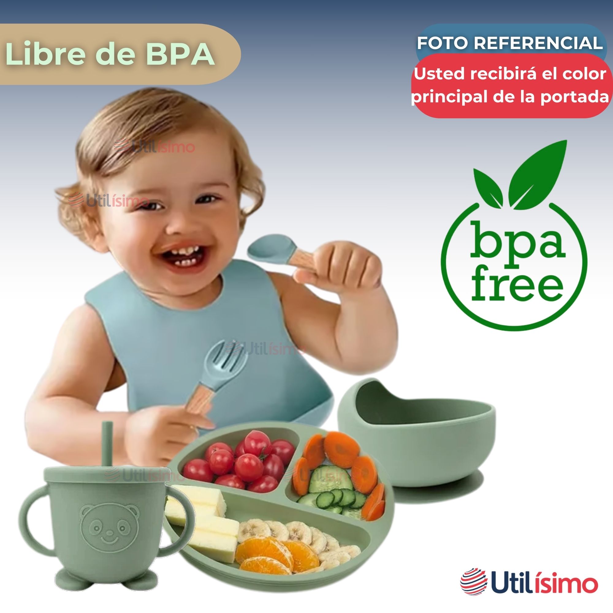 SET DE ALIMENTACIÓN BEBÉ SILICONA 6 PIEZAS LIBRE BPA COLOR AZUL - 4