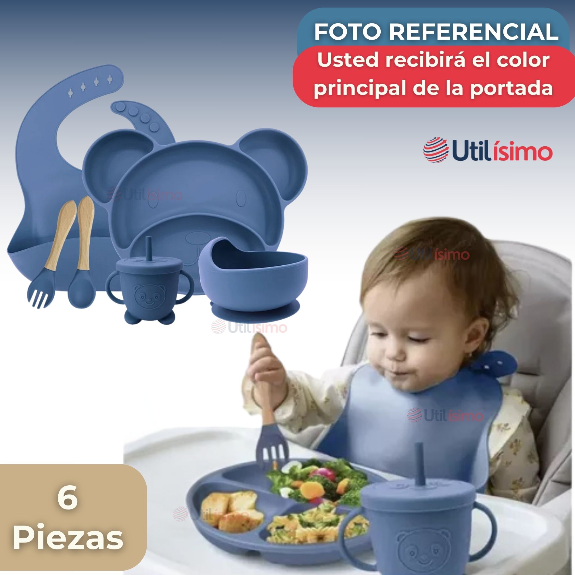 SET DE ALIMENTACIÓN BEBÉ SILICONA 6 PIEZAS LIBRE BPA COLOR AZUL - 8