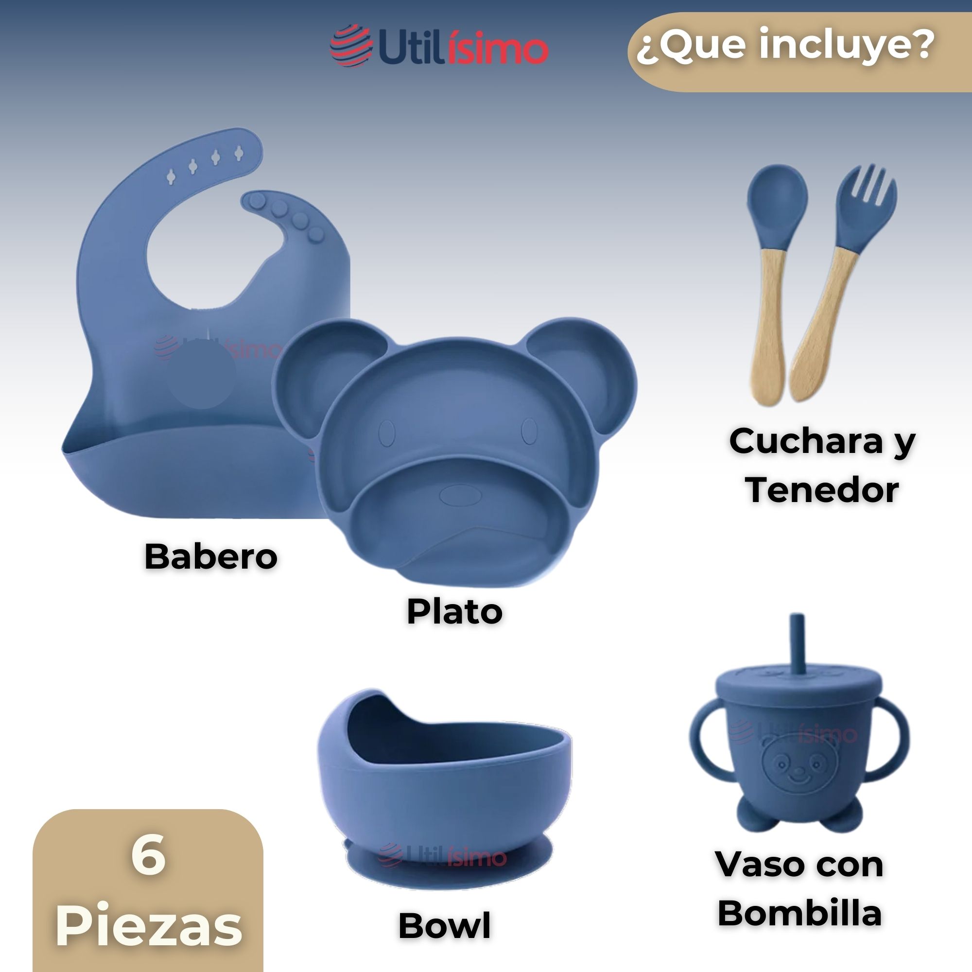 SET DE ALIMENTACIÓN BEBÉ SILICONA 6 PIEZAS LIBRE BPA COLOR AZUL - 9