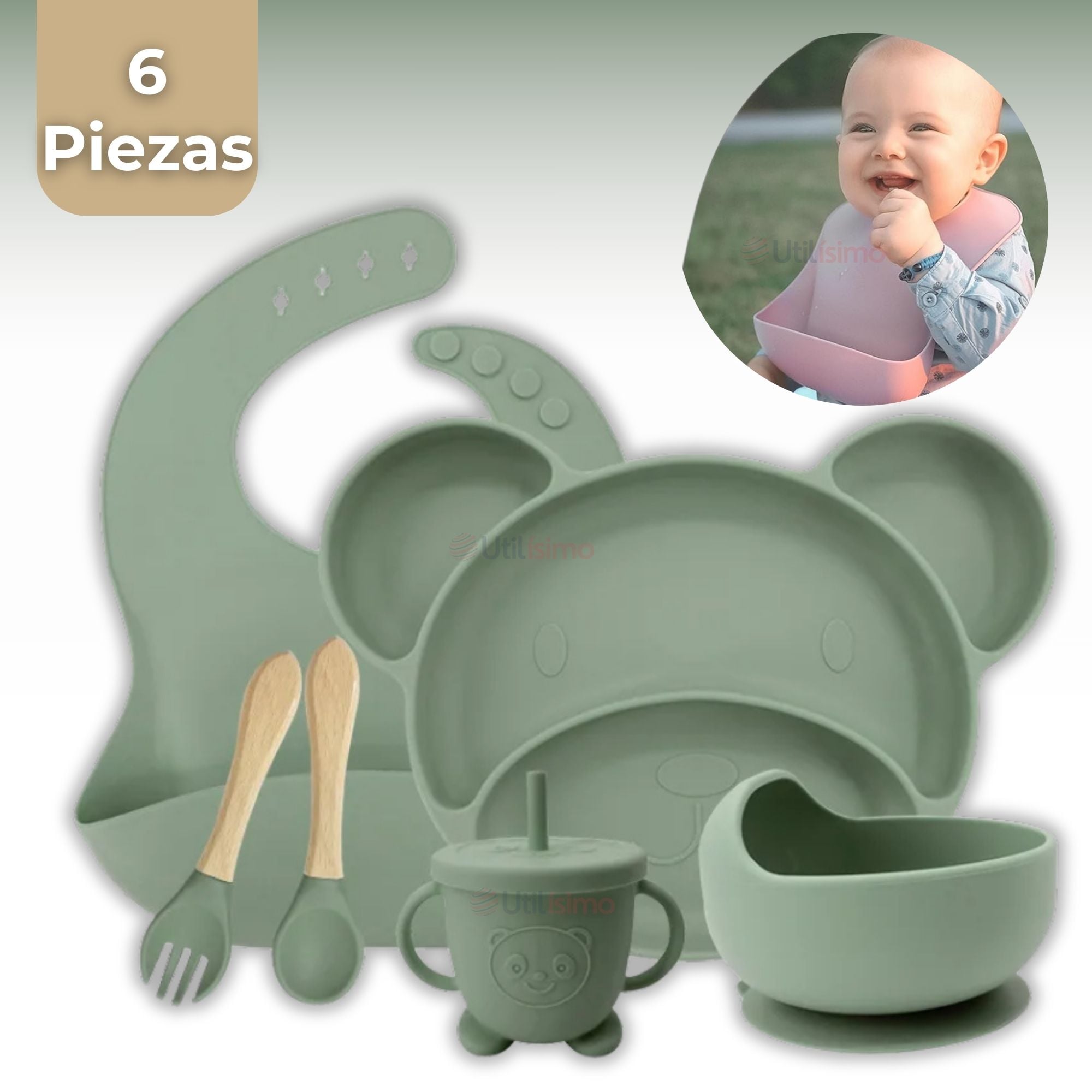 SET DE ALIMENTACIÓN BEBÉ SILICONA 6 PIEZAS LIBRE BPA COLOR VERDE - 1