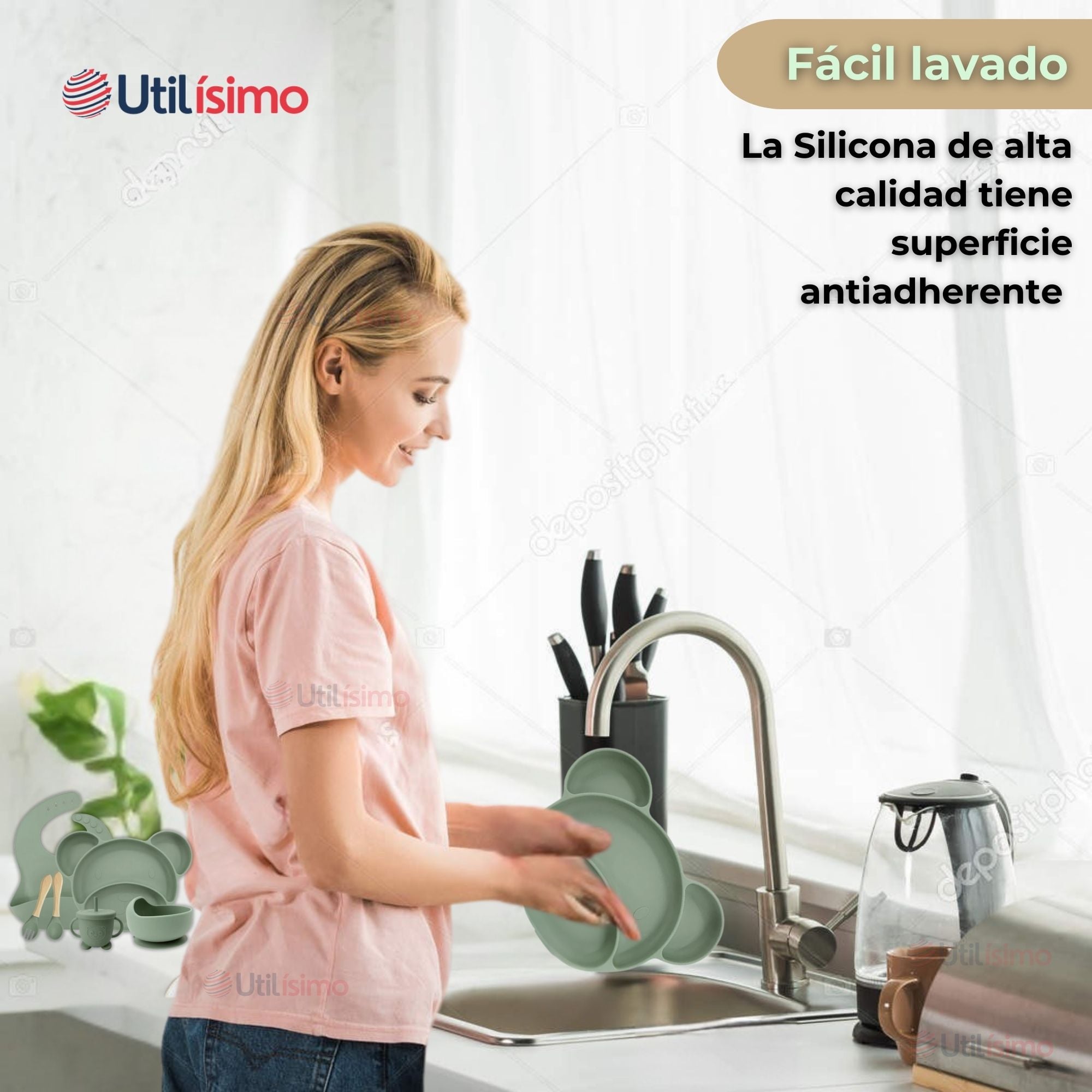 SET DE ALIMENTACIÓN BEBÉ SILICONA 6 PIEZAS LIBRE BPA COLOR VERDE - 2