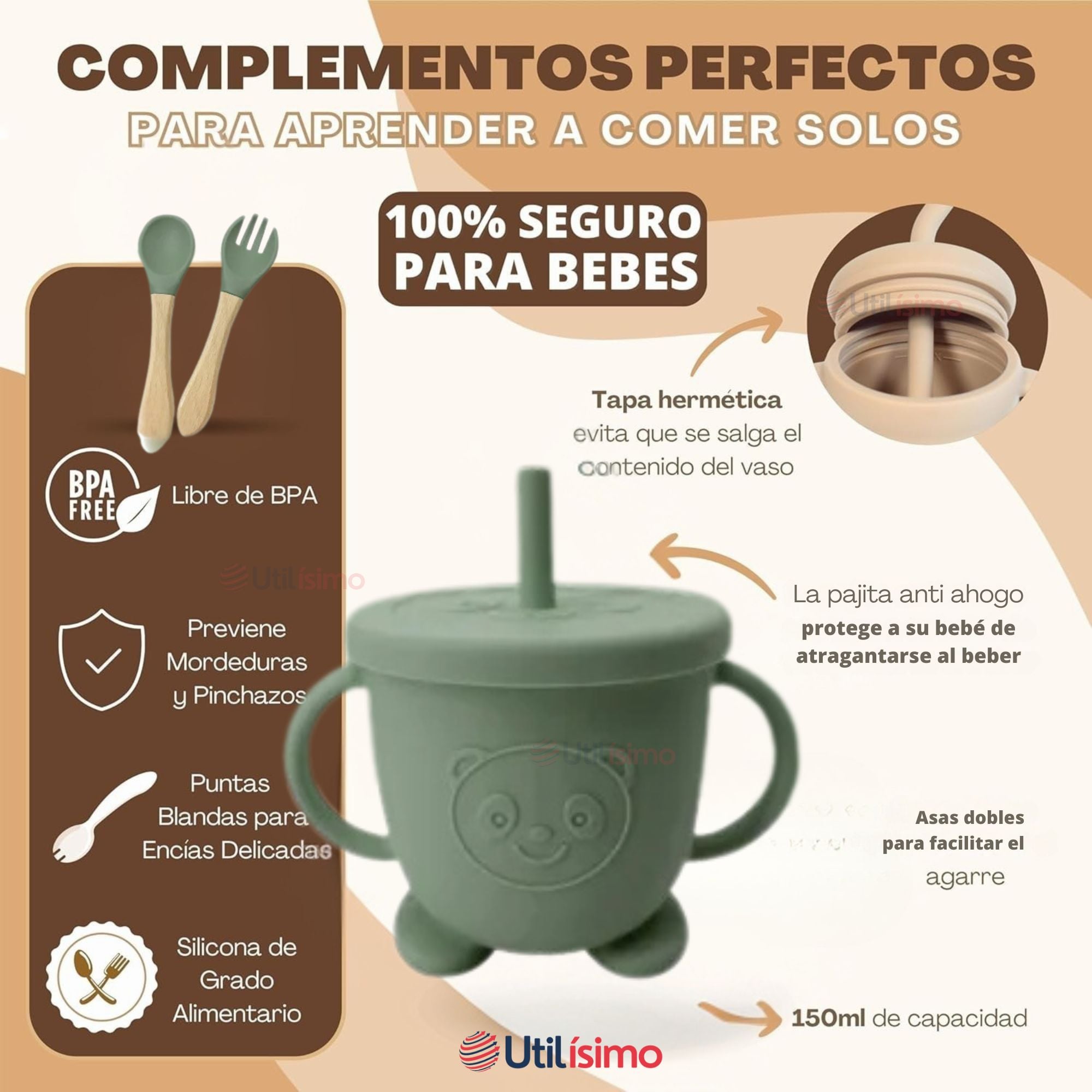 SET DE ALIMENTACIÓN BEBÉ SILICONA 6 PIEZAS LIBRE BPA COLOR VERDE - 3