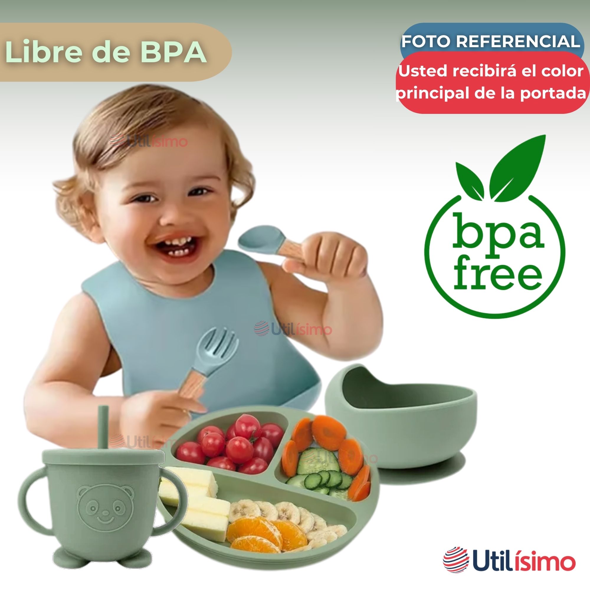 SET DE ALIMENTACIÓN BEBÉ SILICONA 6 PIEZAS LIBRE BPA COLOR VERDE - 4