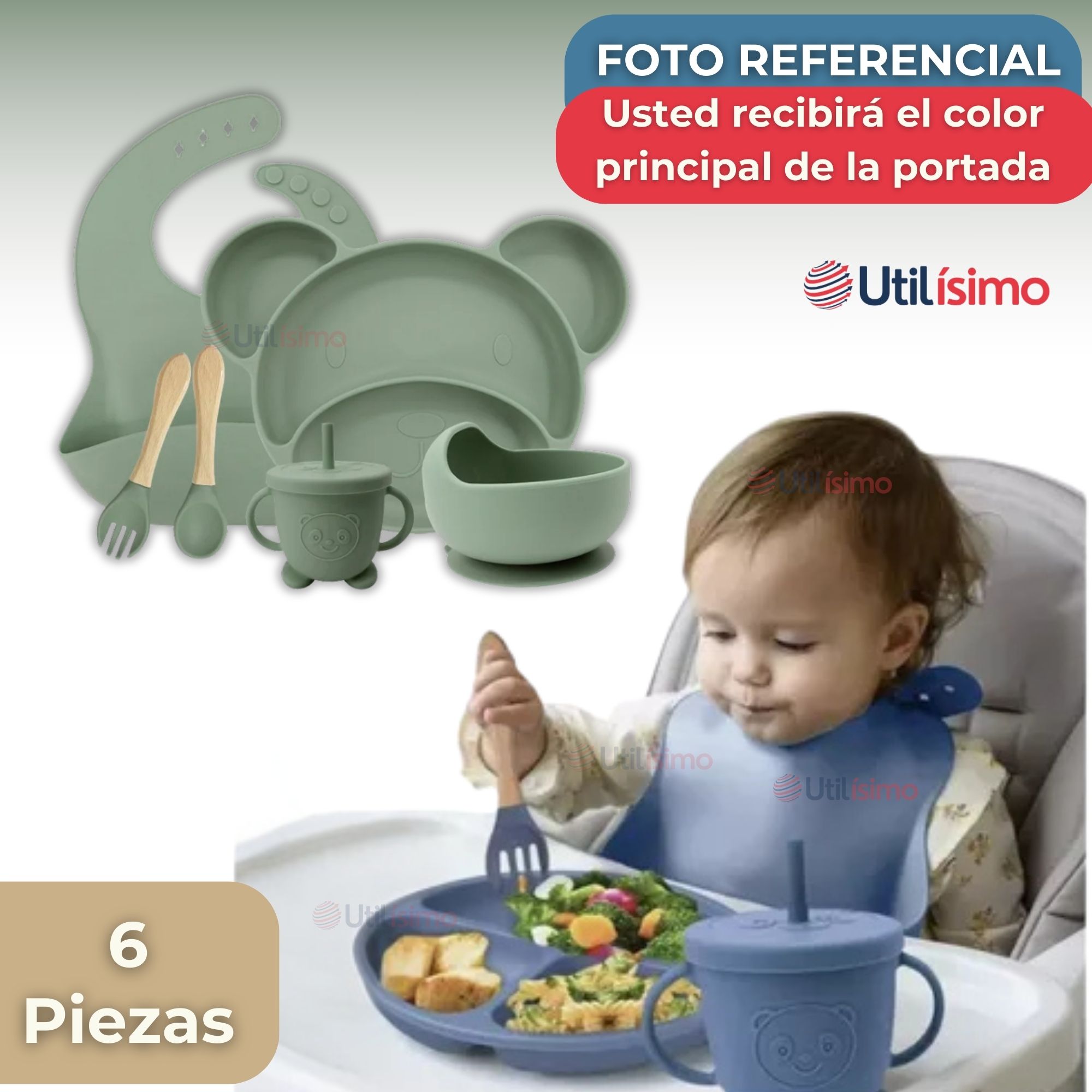 SET DE ALIMENTACIÓN BEBÉ SILICONA 6 PIEZAS LIBRE BPA COLOR VERDE - 8