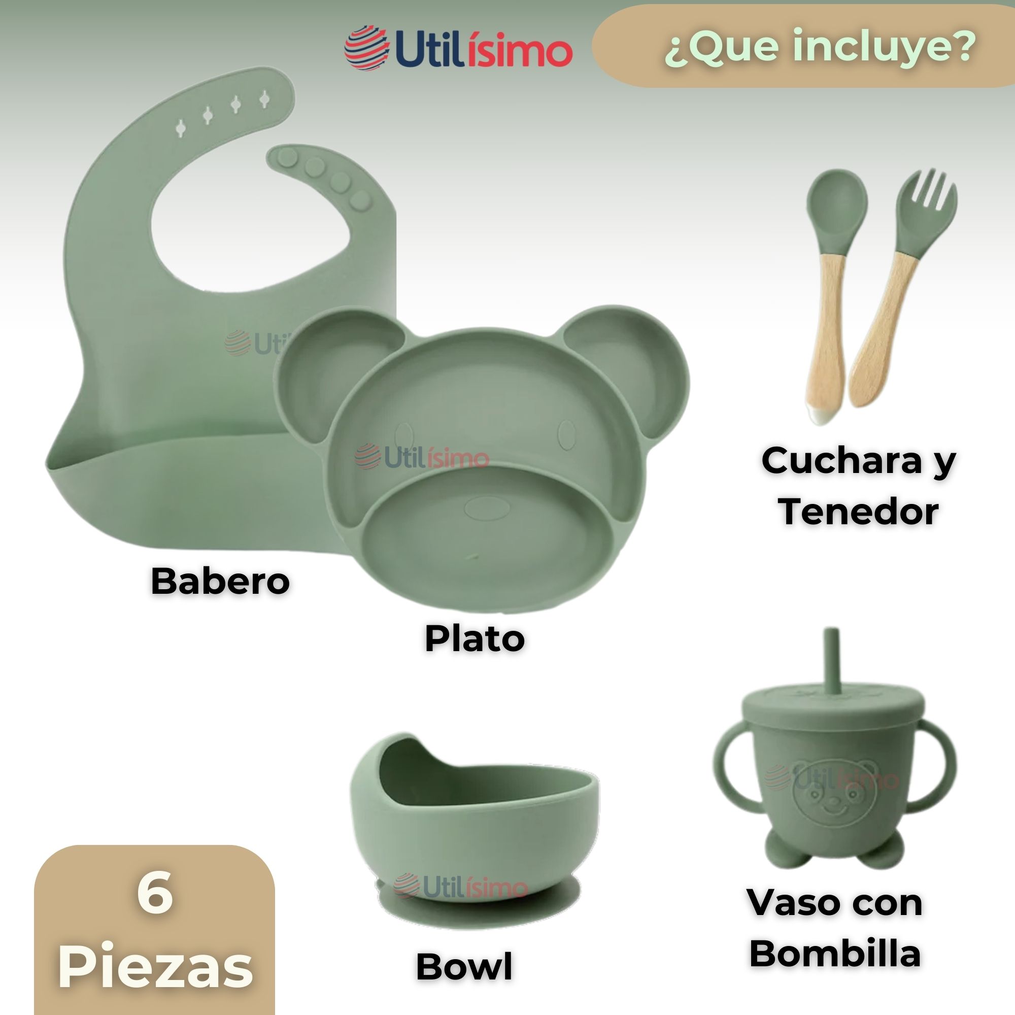 SET DE ALIMENTACIÓN BEBÉ SILICONA 6 PIEZAS LIBRE BPA COLOR VERDE - 9