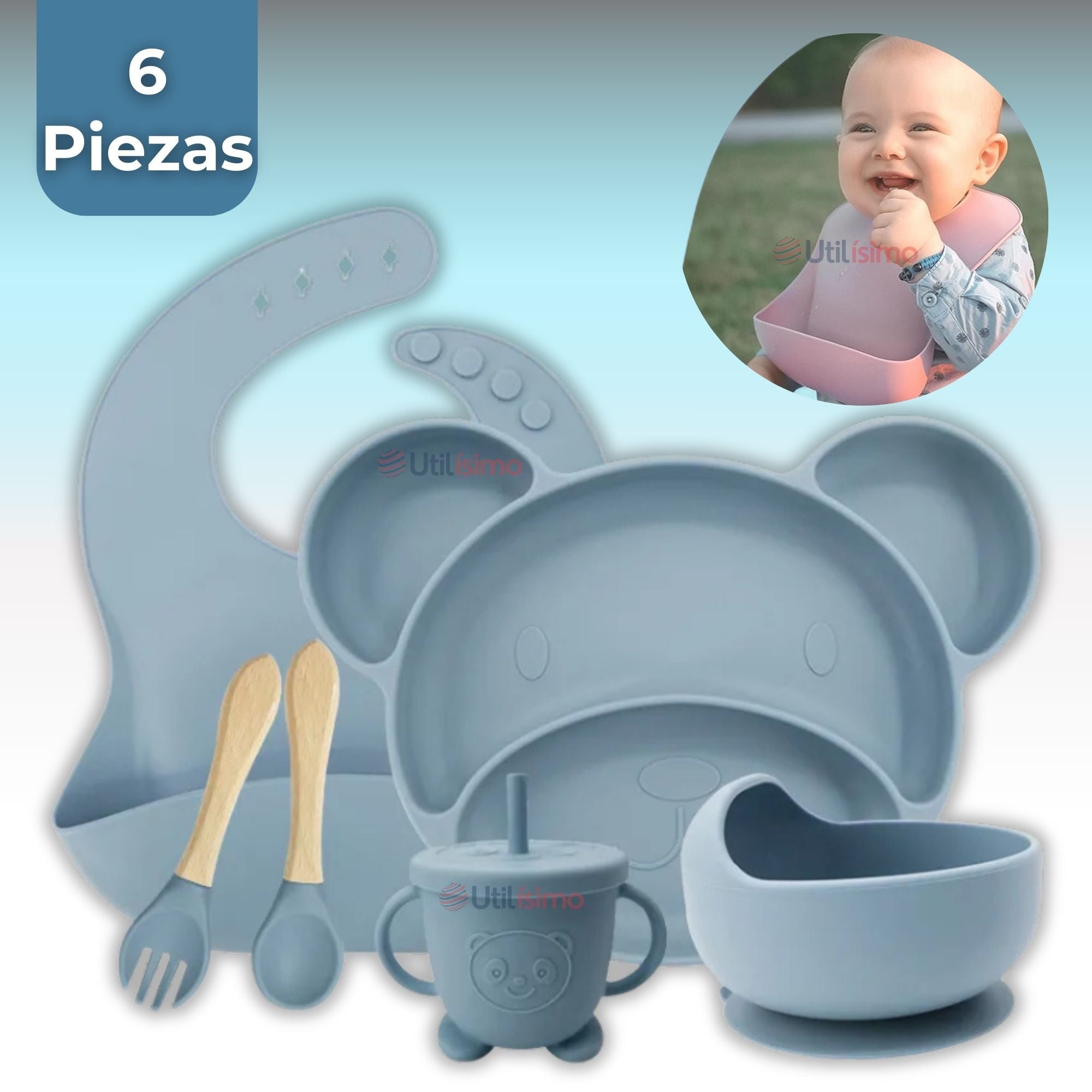 SET DE ALIMENTACIÓN BEBÉ SILICONA 6 PIEZAS LIBRE BPA COLOR CELESTE - 1