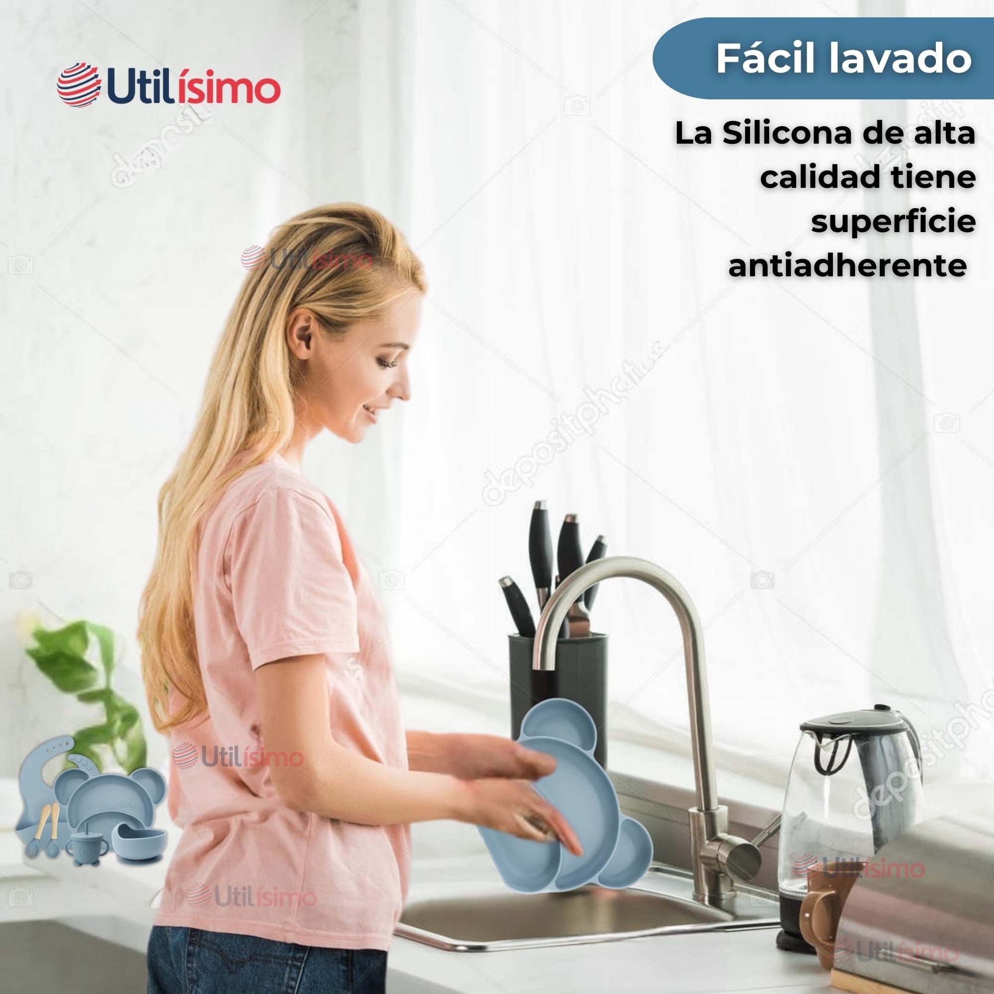 SET DE ALIMENTACIÓN BEBÉ SILICONA 6 PIEZAS LIBRE BPA COLOR CELESTE - 2