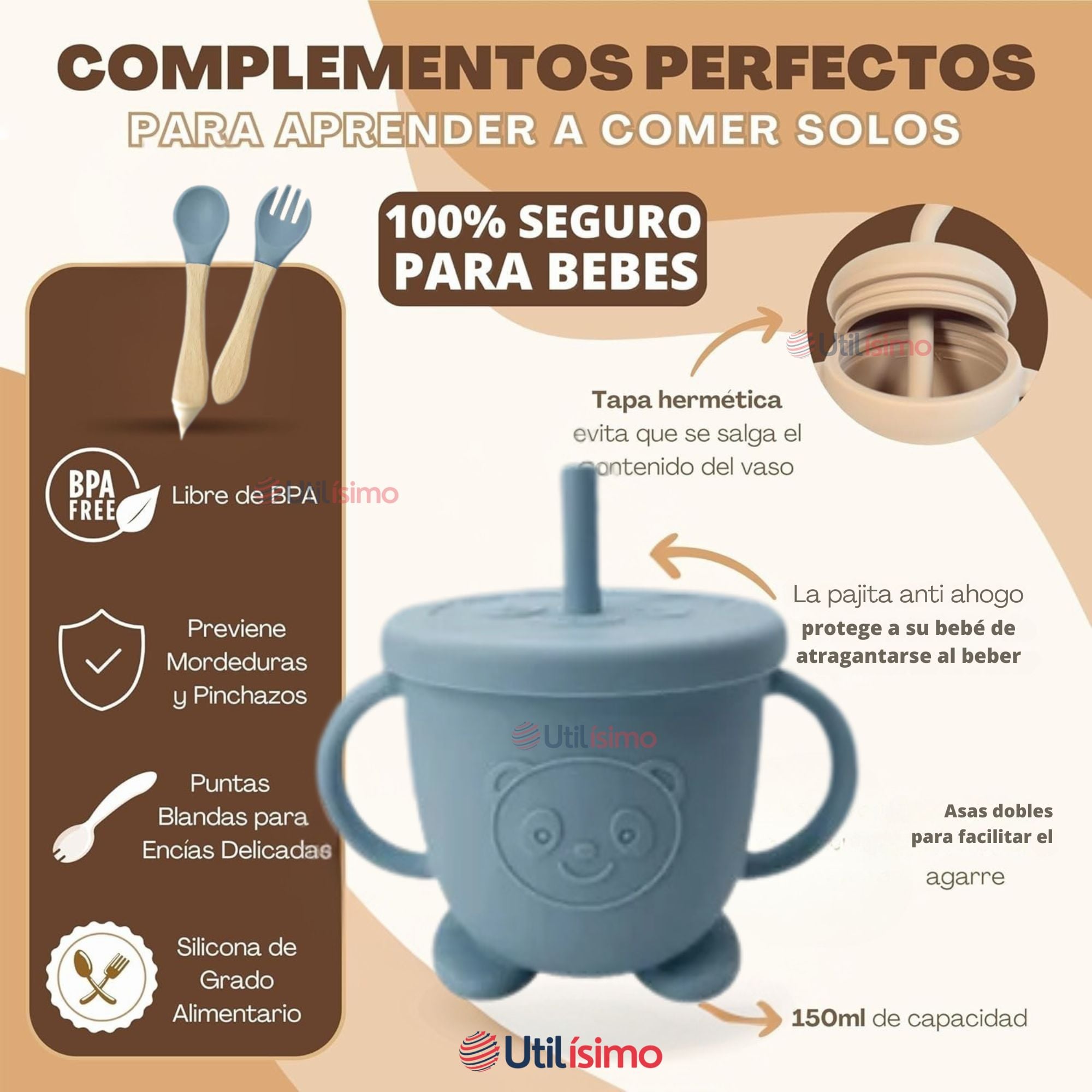 SET DE ALIMENTACIÓN BEBÉ SILICONA 6 PIEZAS LIBRE BPA COLOR CELESTE - 3