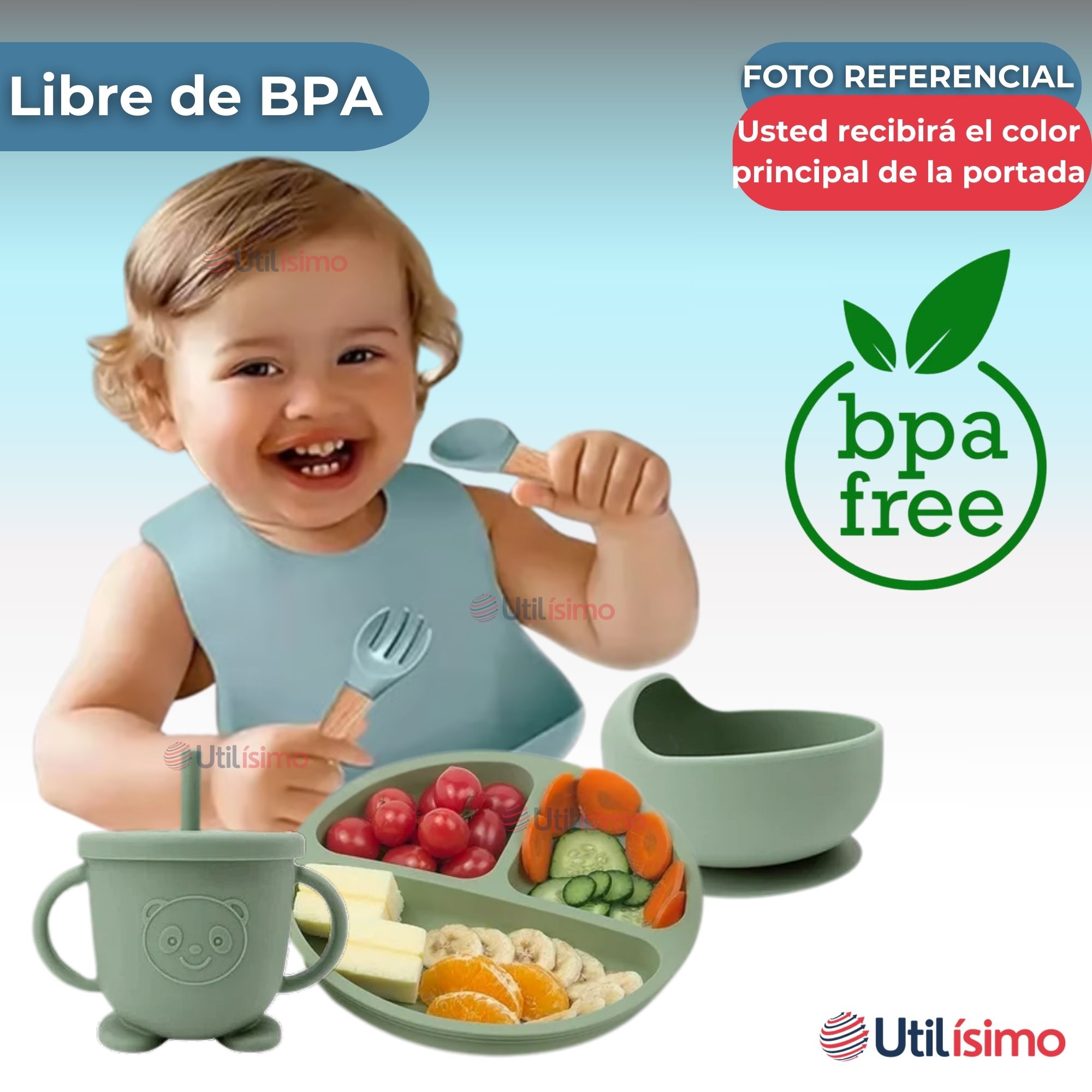 SET DE ALIMENTACIÓN BEBÉ SILICONA 6 PIEZAS LIBRE BPA COLOR CELESTE - 4