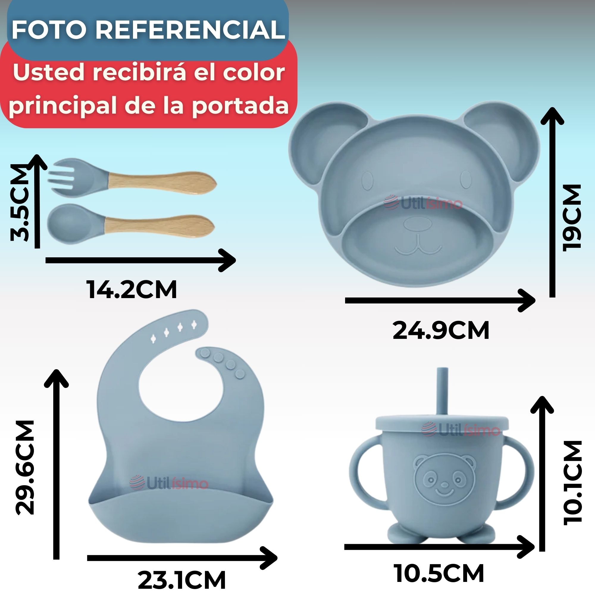 SET DE ALIMENTACIÓN BEBÉ SILICONA 6 PIEZAS LIBRE BPA COLOR CELESTE - 5