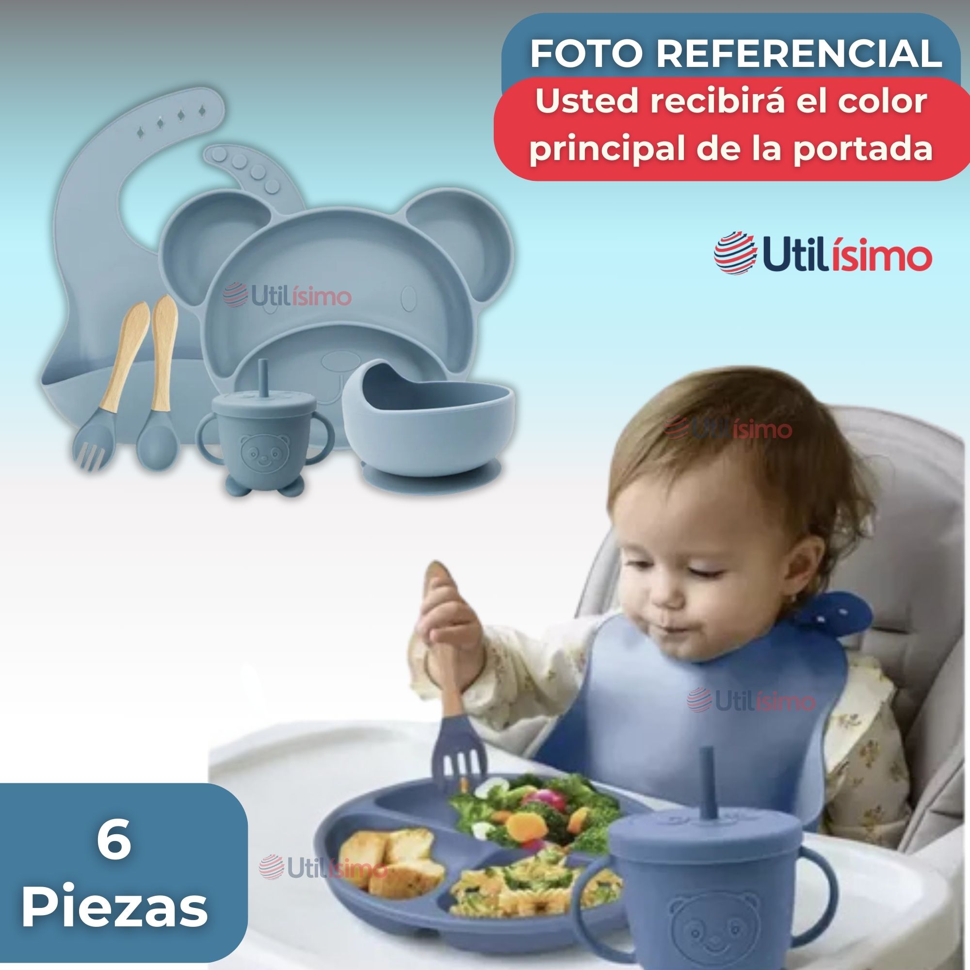 SET DE ALIMENTACIÓN BEBÉ SILICONA 6 PIEZAS LIBRE BPA COLOR CELESTE - 8