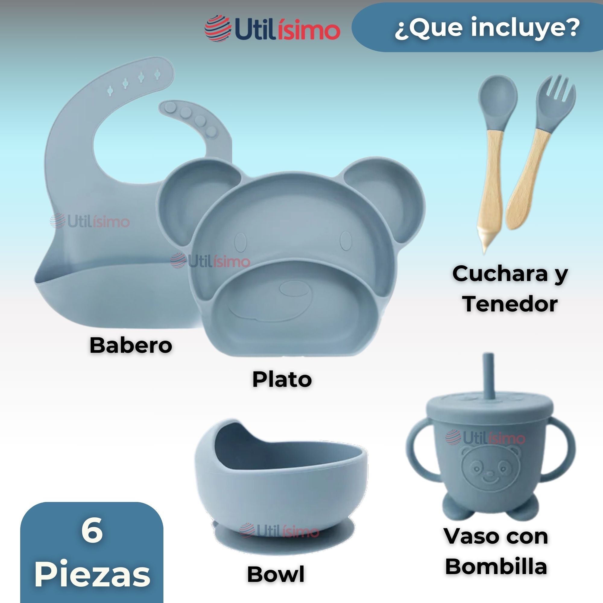 SET DE ALIMENTACIÓN BEBÉ SILICONA 6 PIEZAS LIBRE BPA COLOR CELESTE - 9