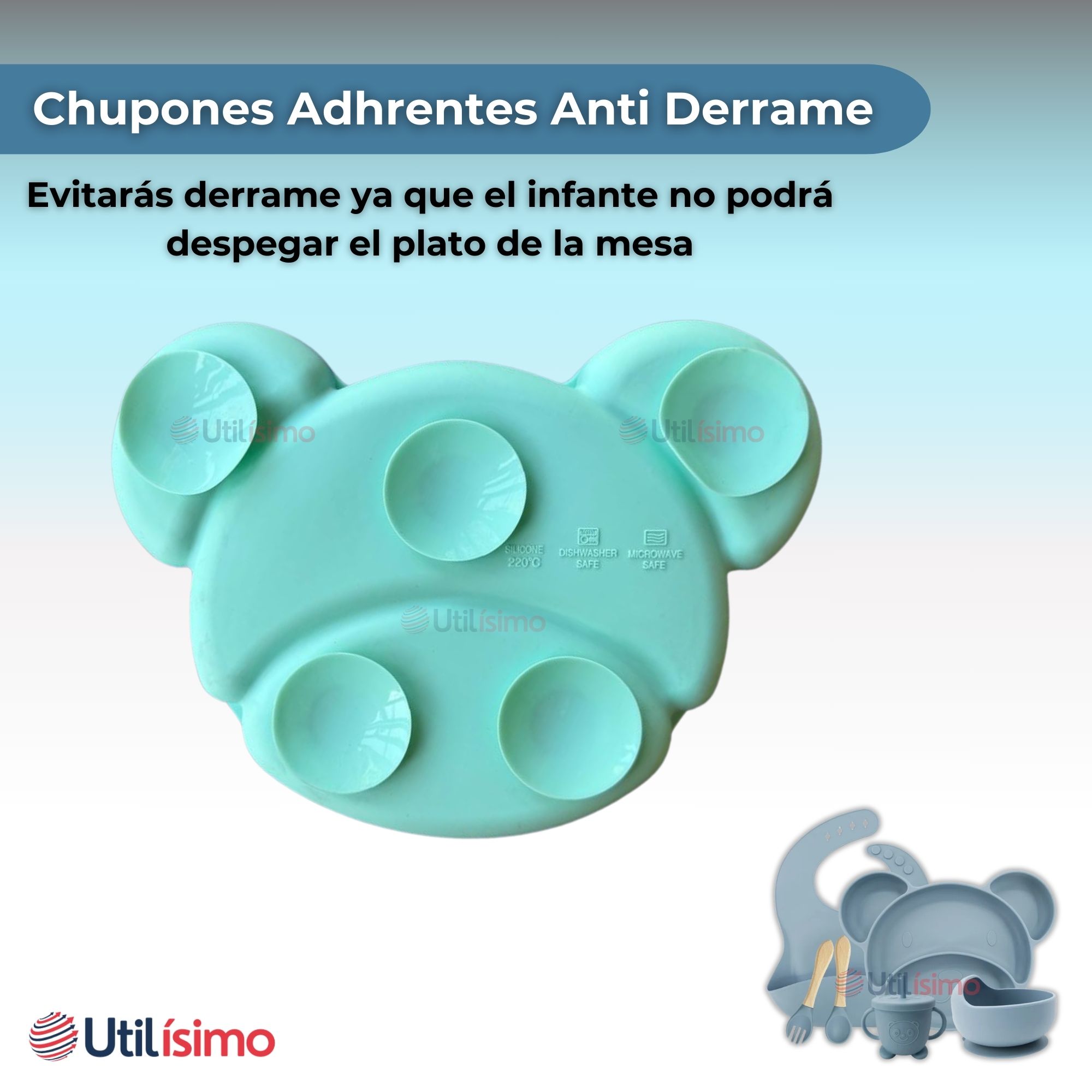 SET DE ALIMENTACIÓN BEBÉ SILICONA 6 PIEZAS LIBRE BPA COLOR CELESTE - 11