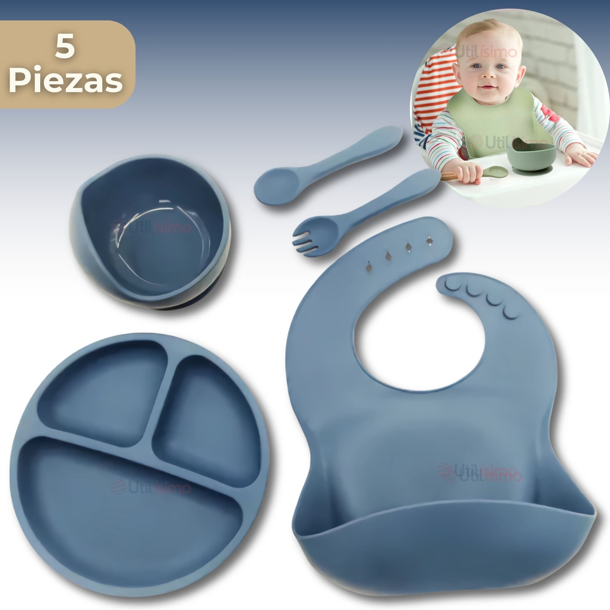 SET DE ALIMENTACIÓN BEBÉ SILICONA 5 PIEZAS LIBRE BPA AZUL - 1