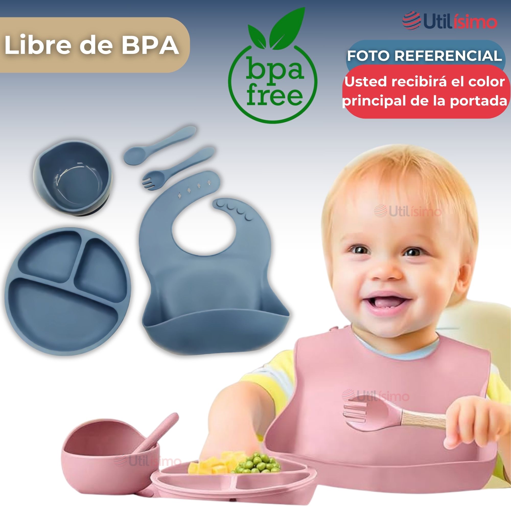 SET DE ALIMENTACIÓN BEBÉ SILICONA 5 PIEZAS LIBRE BPA AZUL - 2
