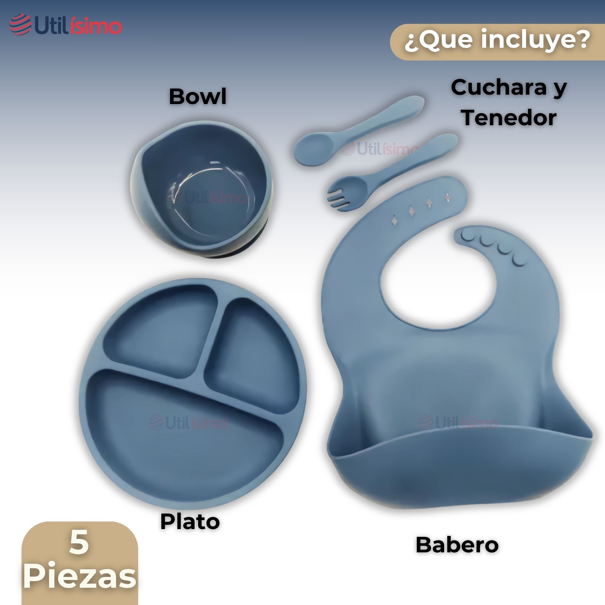SET DE ALIMENTACIÓN BEBÉ SILICONA 5 PIEZAS LIBRE BPA AZUL - 5