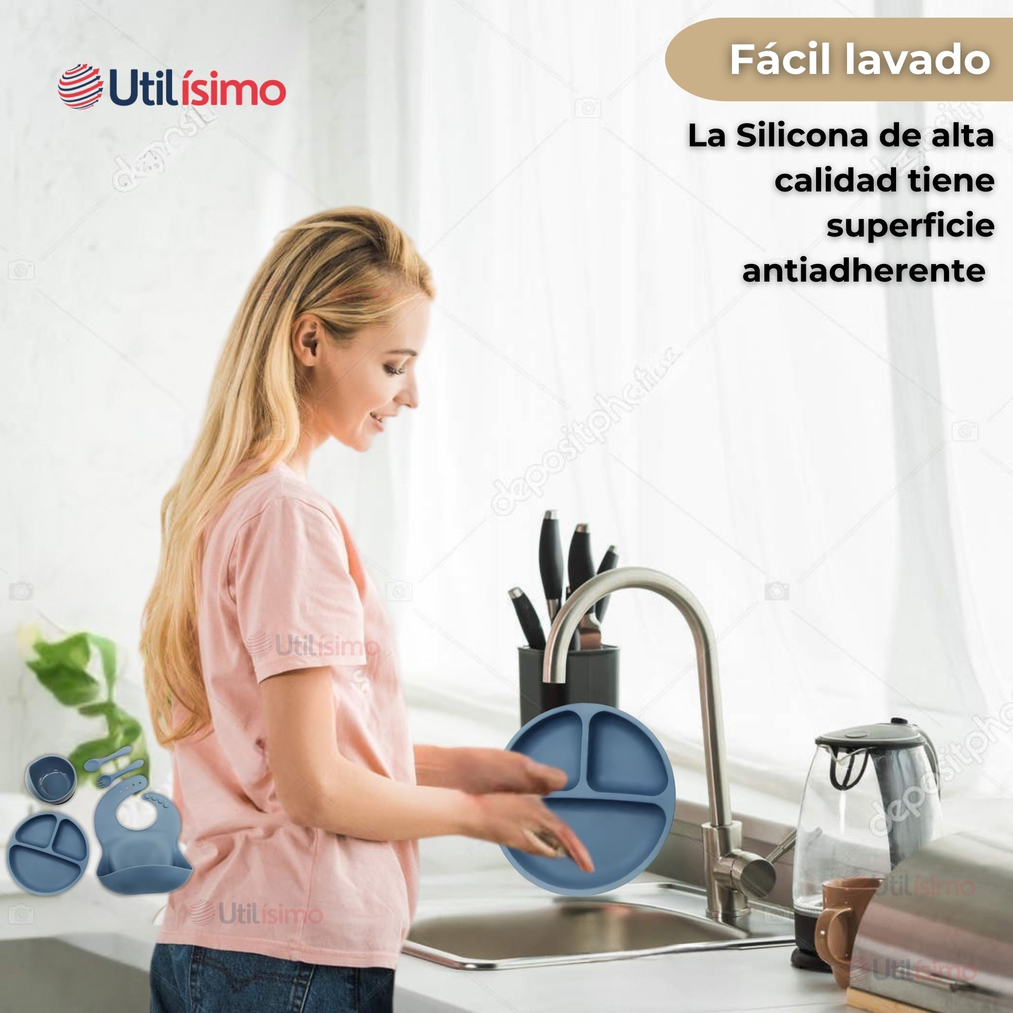 SET DE ALIMENTACIÓN BEBÉ SILICONA 5 PIEZAS LIBRE BPA AZUL - 6