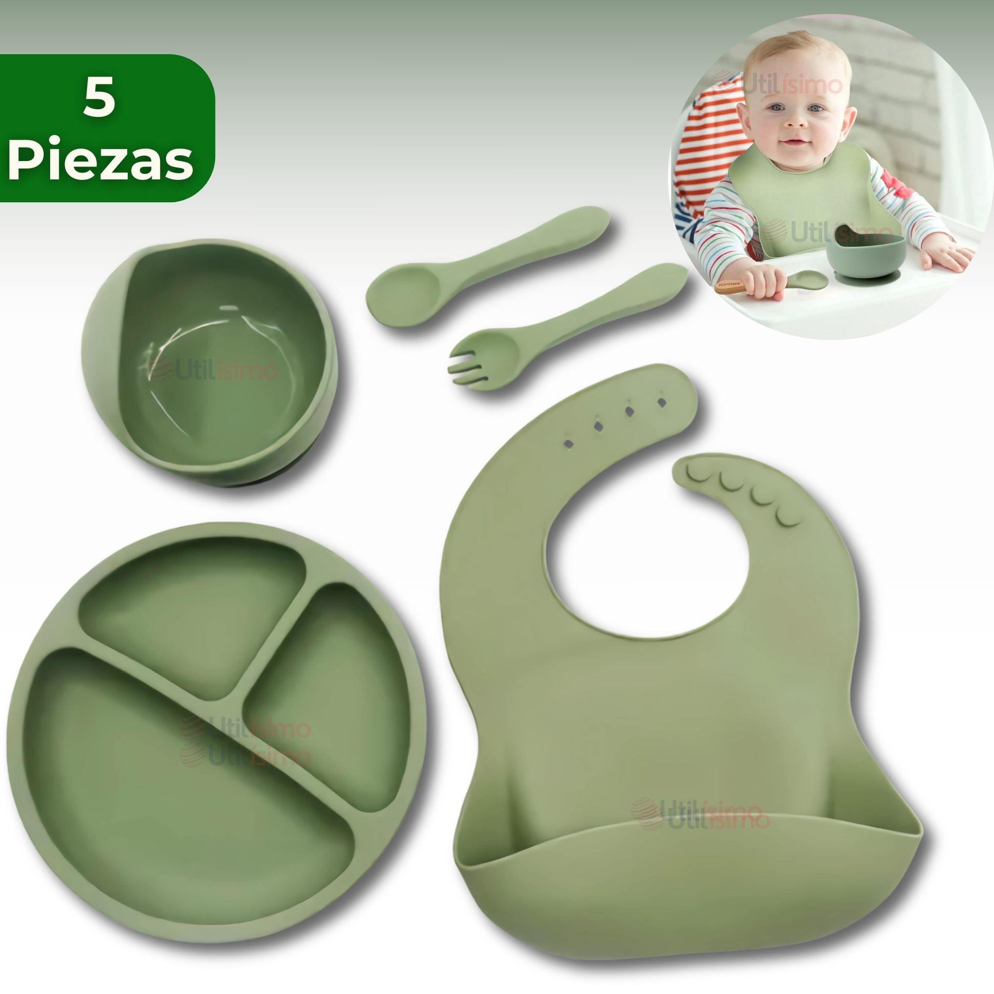 SET DE ALIMENTACIÓN BEBÉ SILICONA 5 PIEZAS LIBRE BPA VERDE - 1