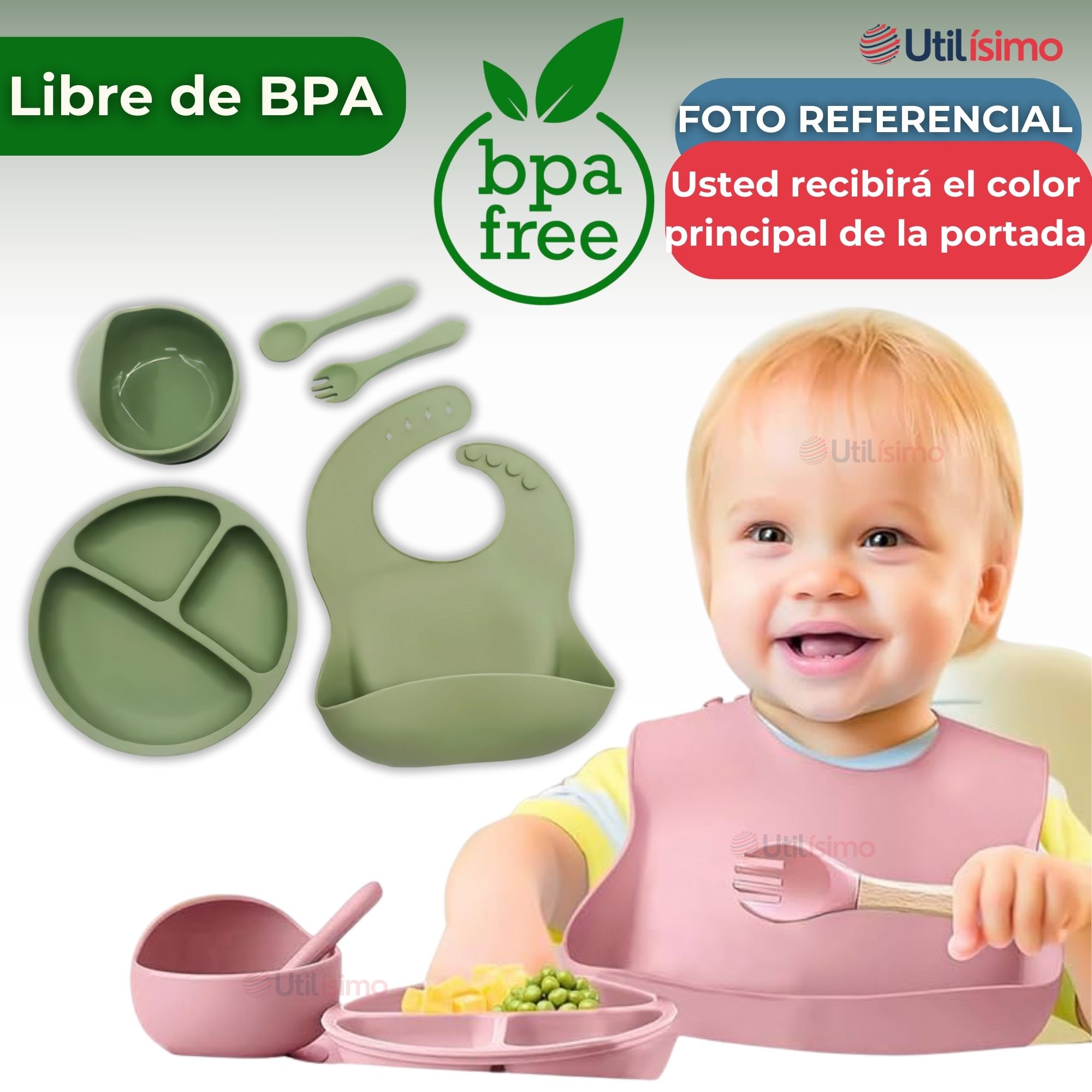 SET DE ALIMENTACIÓN BEBÉ SILICONA 5 PIEZAS LIBRE BPA VERDE - 2