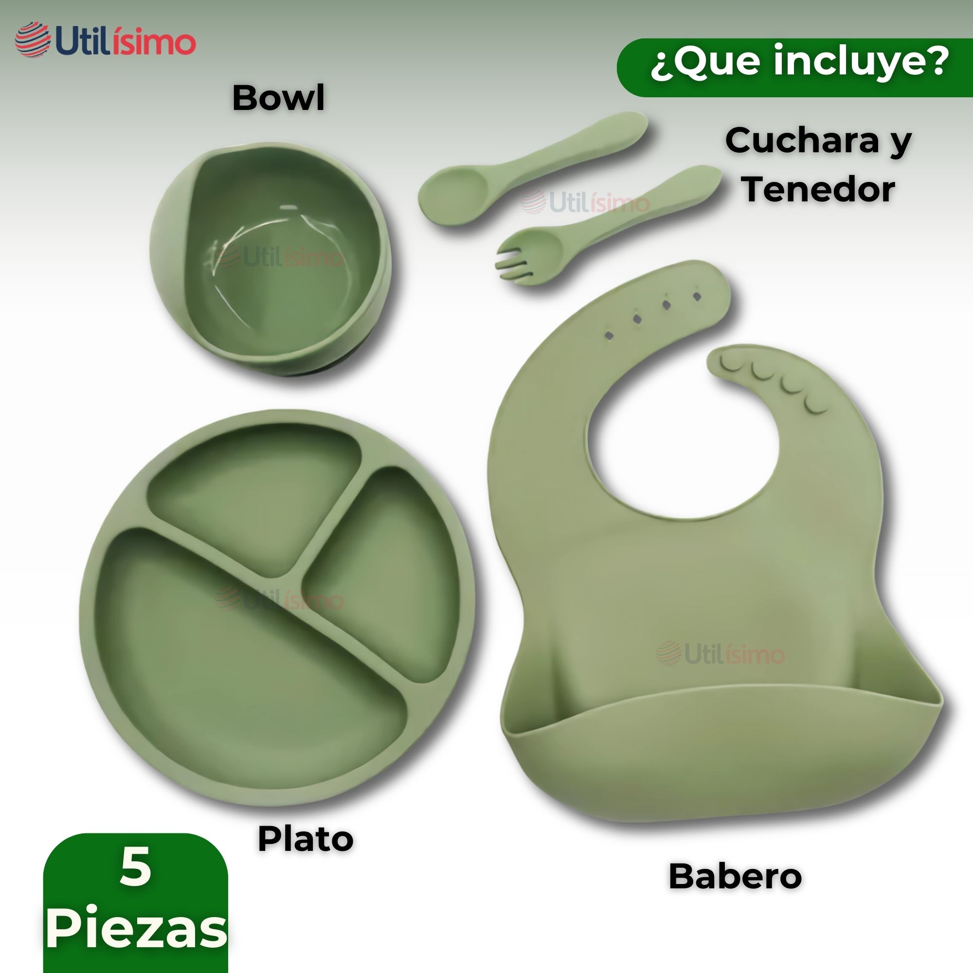SET DE ALIMENTACIÓN BEBÉ SILICONA 5 PIEZAS LIBRE BPA VERDE - 5