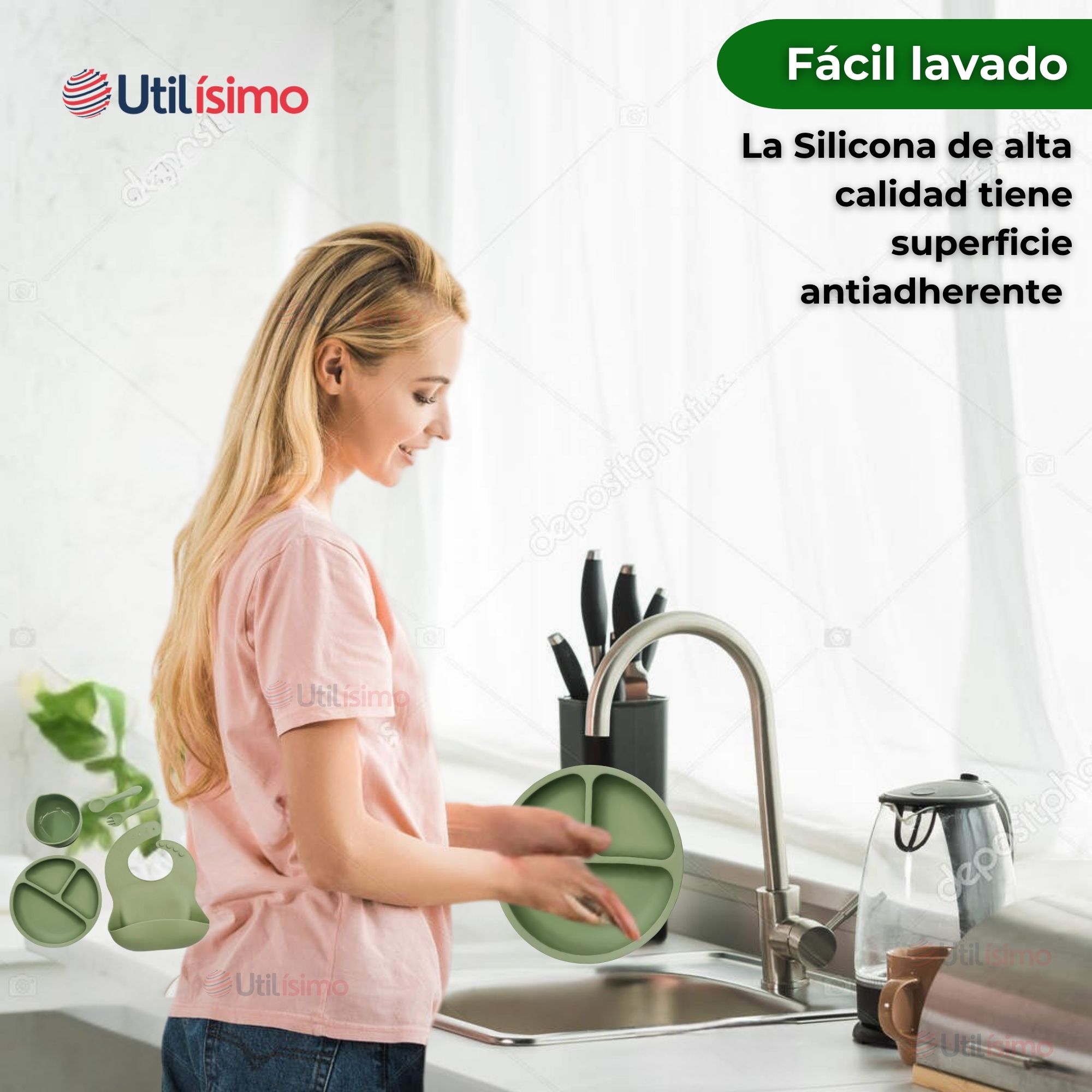 SET DE ALIMENTACIÓN BEBÉ SILICONA 5 PIEZAS LIBRE BPA VERDE - 6