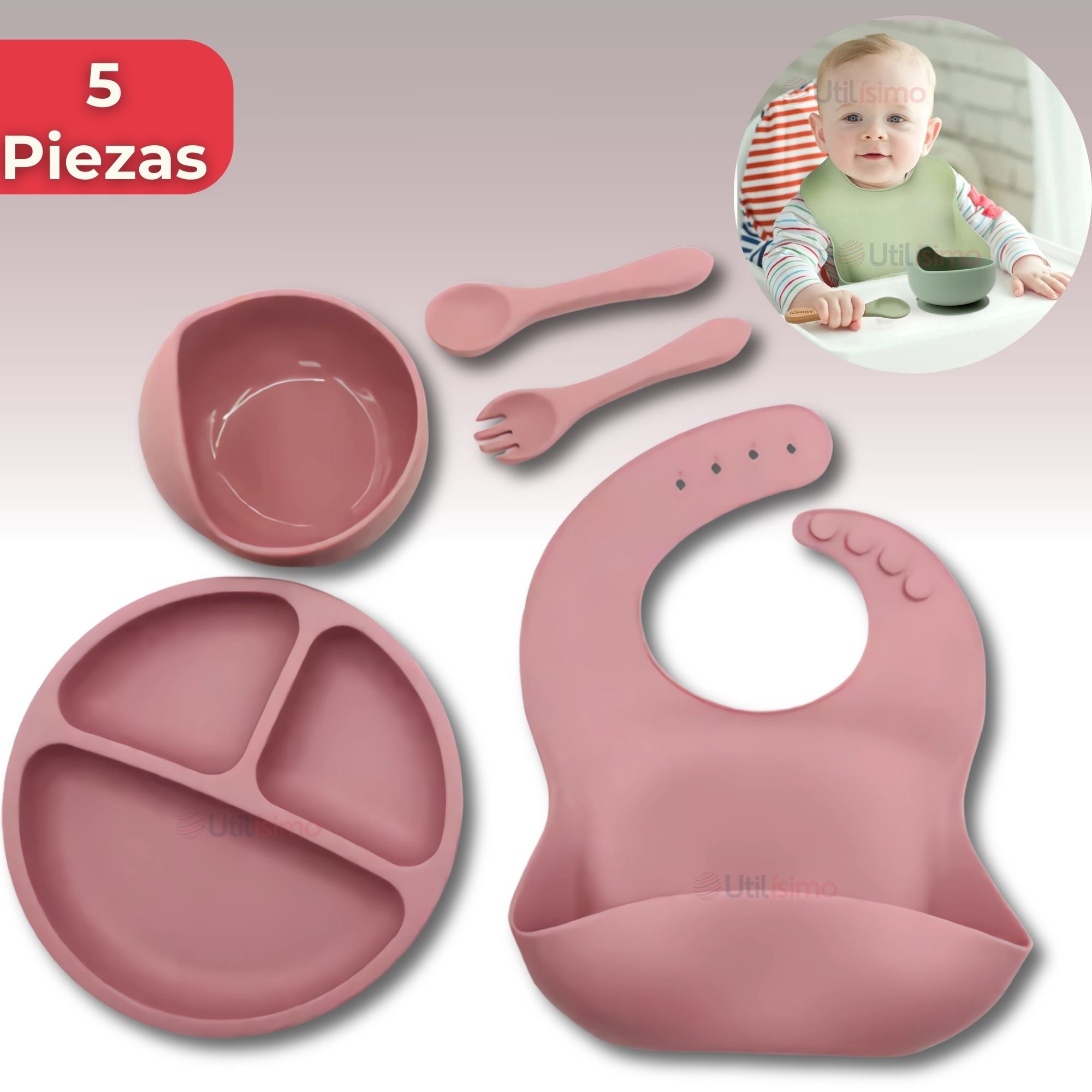 SET DE ALIMENTACIÓN BEBÉ SILICONA 5 PIEZAS LIBRE BPA ROSA OSCURO - 1