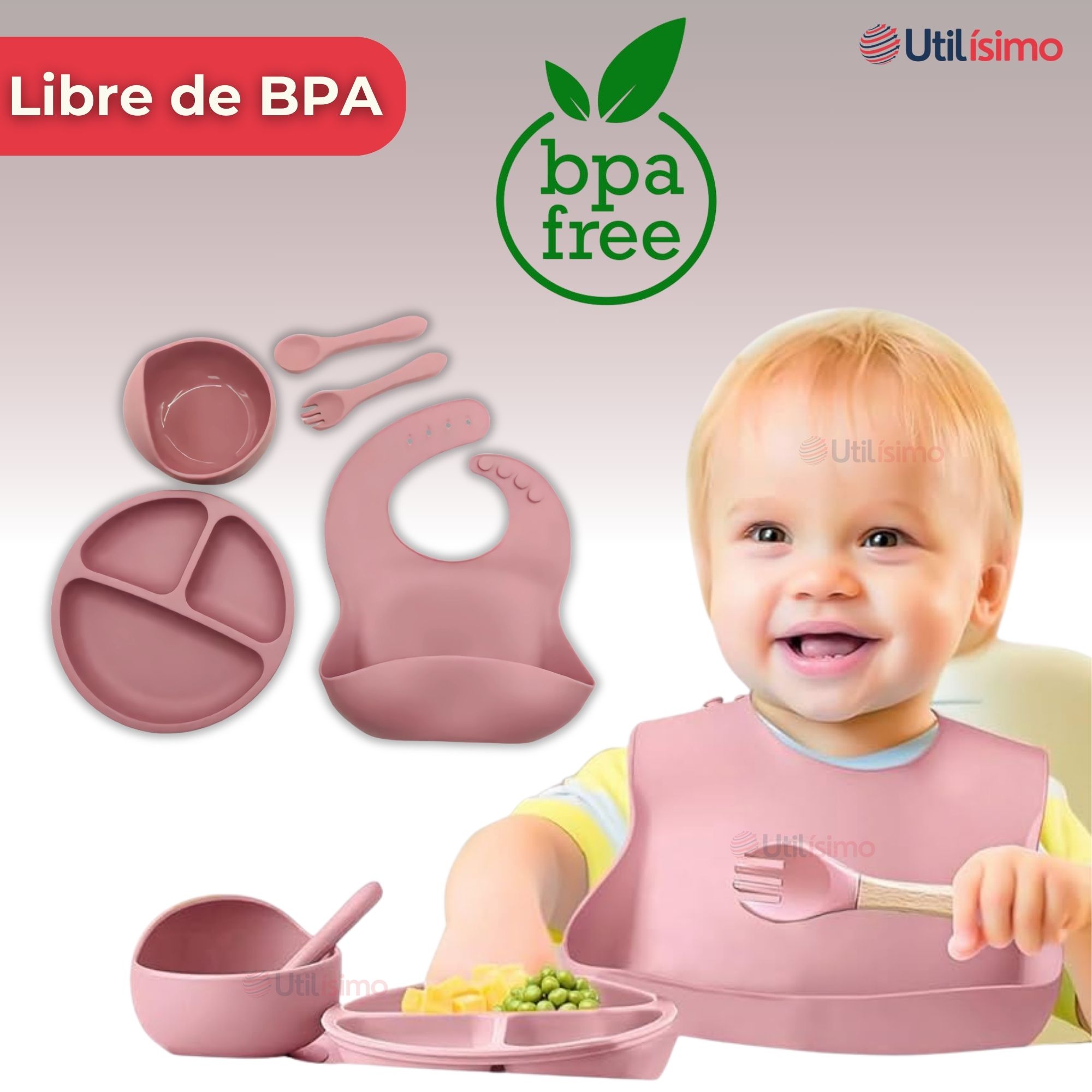 SET DE ALIMENTACIÓN BEBÉ SILICONA 5 PIEZAS LIBRE BPA ROSA OSCURO - 2