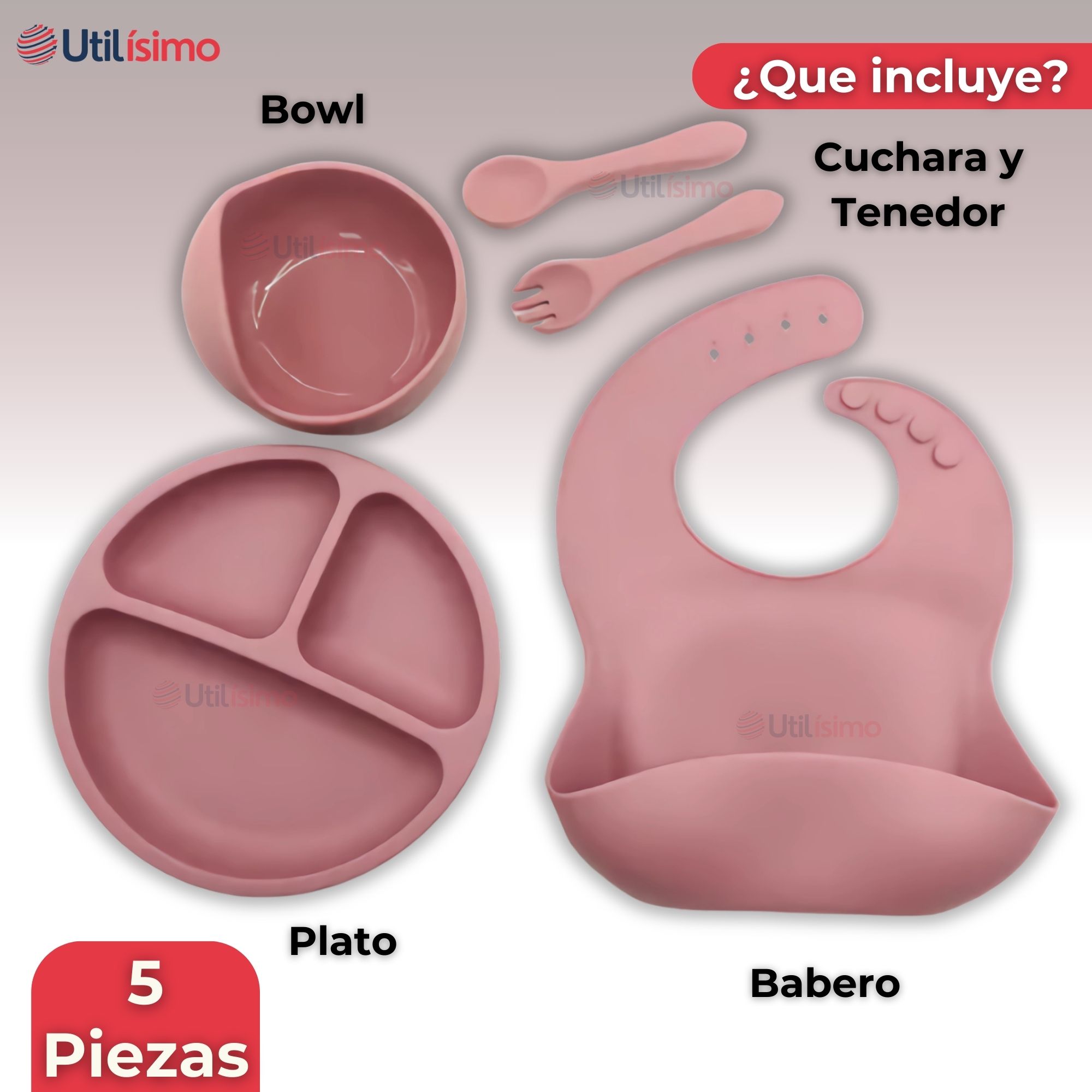 SET DE ALIMENTACIÓN BEBÉ SILICONA 5 PIEZAS LIBRE BPA ROSA OSCURO - 5