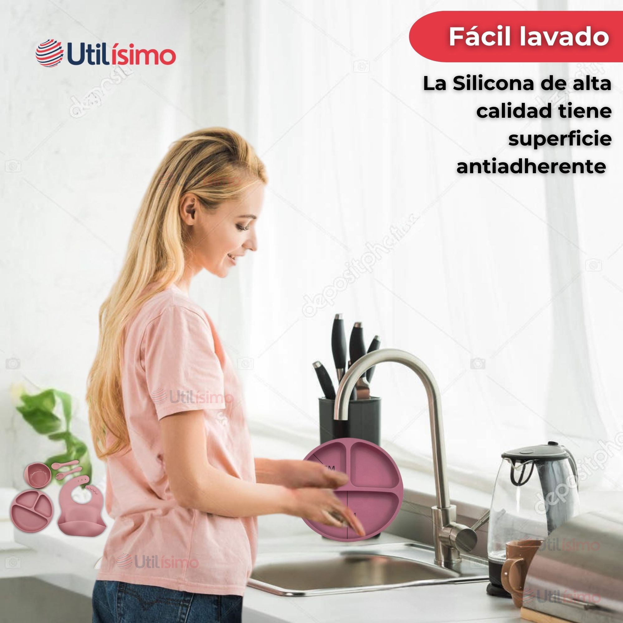 SET DE ALIMENTACIÓN BEBÉ SILICONA 5 PIEZAS LIBRE BPA ROSA OSCURO - 6