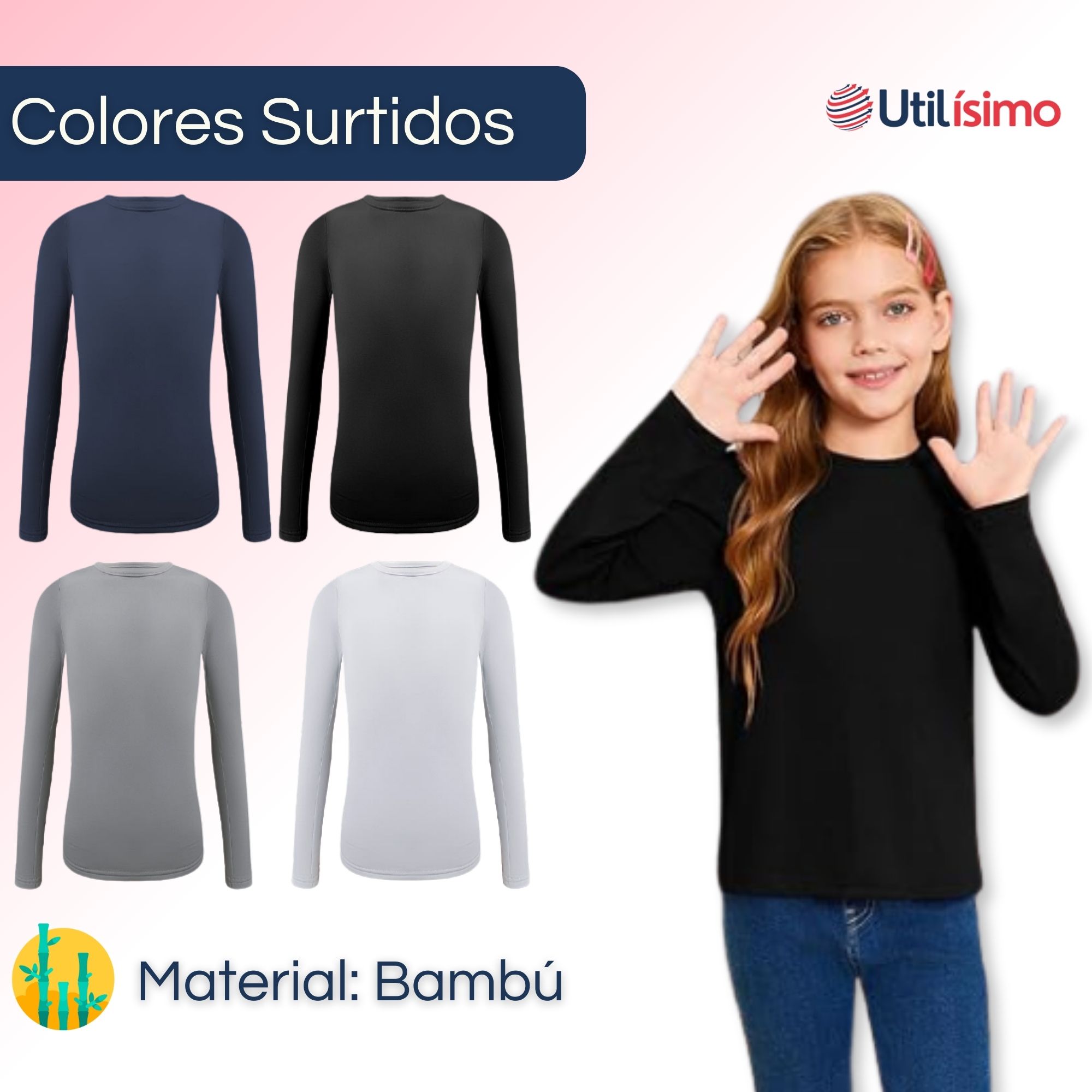 PACK 3 CAMISETAS BAMBÚ PRIMERA CAPA INVIERNO NIÑA CUELLO REDONDO - 2
