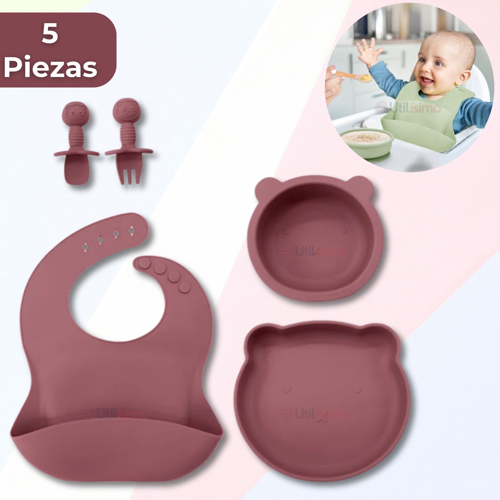 SET DE ALIMENTACIÓN BEBÉ SILICONA 5 PIEZAS DE OSITO LIBRE BPA ROSA OSCURO - 1