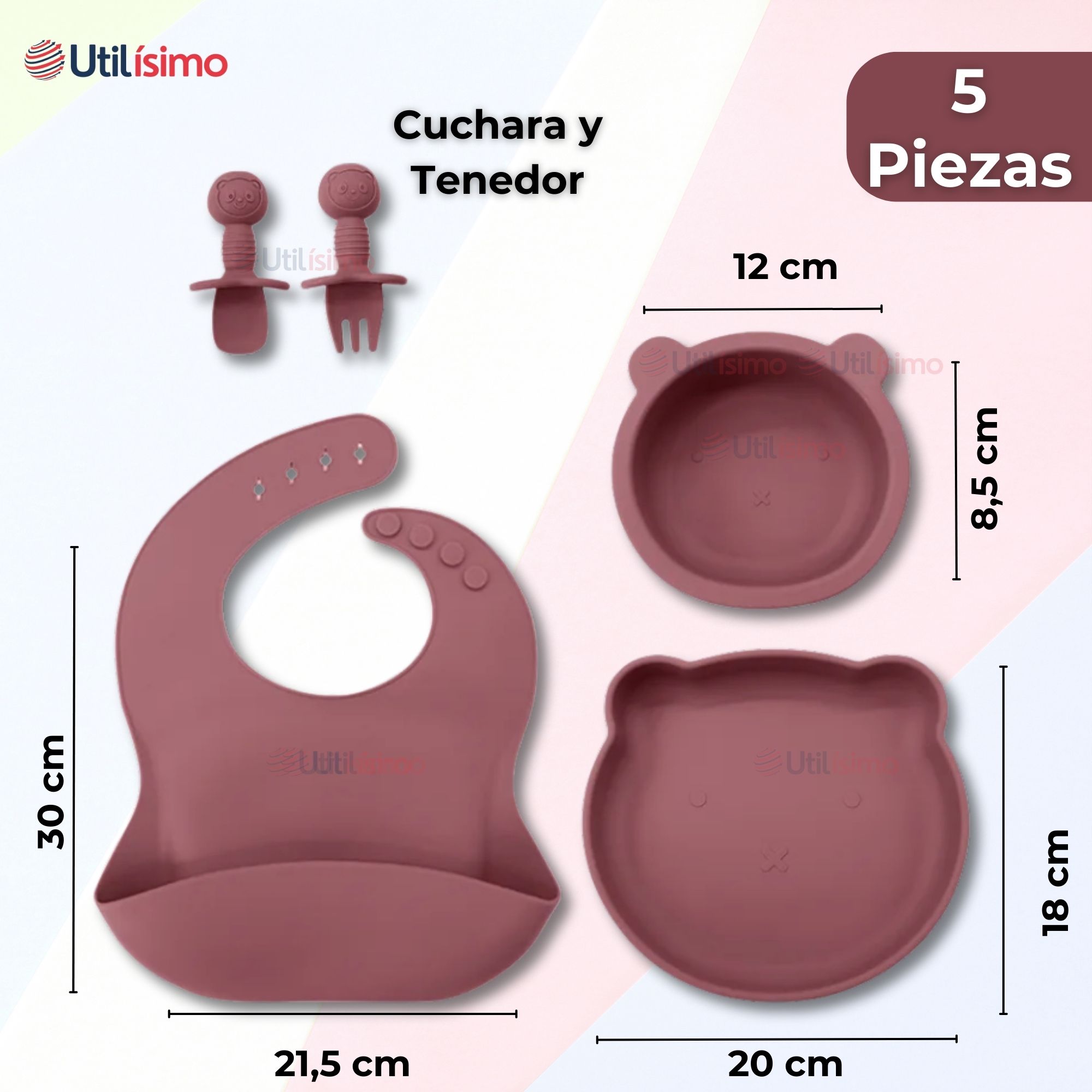 SET DE ALIMENTACIÓN BEBÉ SILICONA 5 PIEZAS DE OSITO LIBRE BPA ROSA OSCURO - 2
