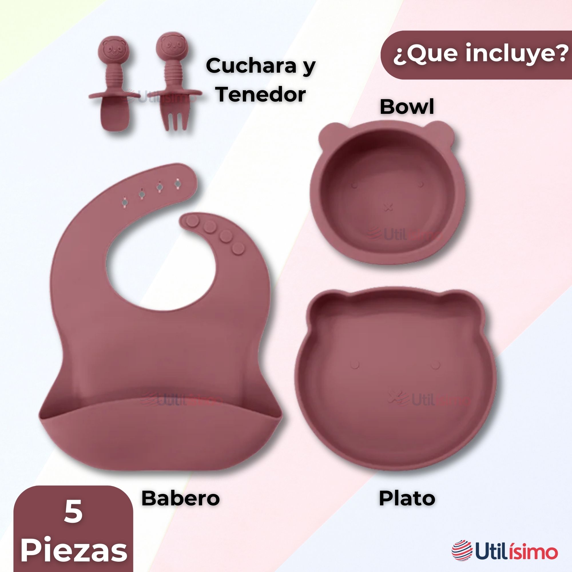 SET DE ALIMENTACIÓN BEBÉ SILICONA 5 PIEZAS DE OSITO LIBRE BPA ROSA OSCURO - 4