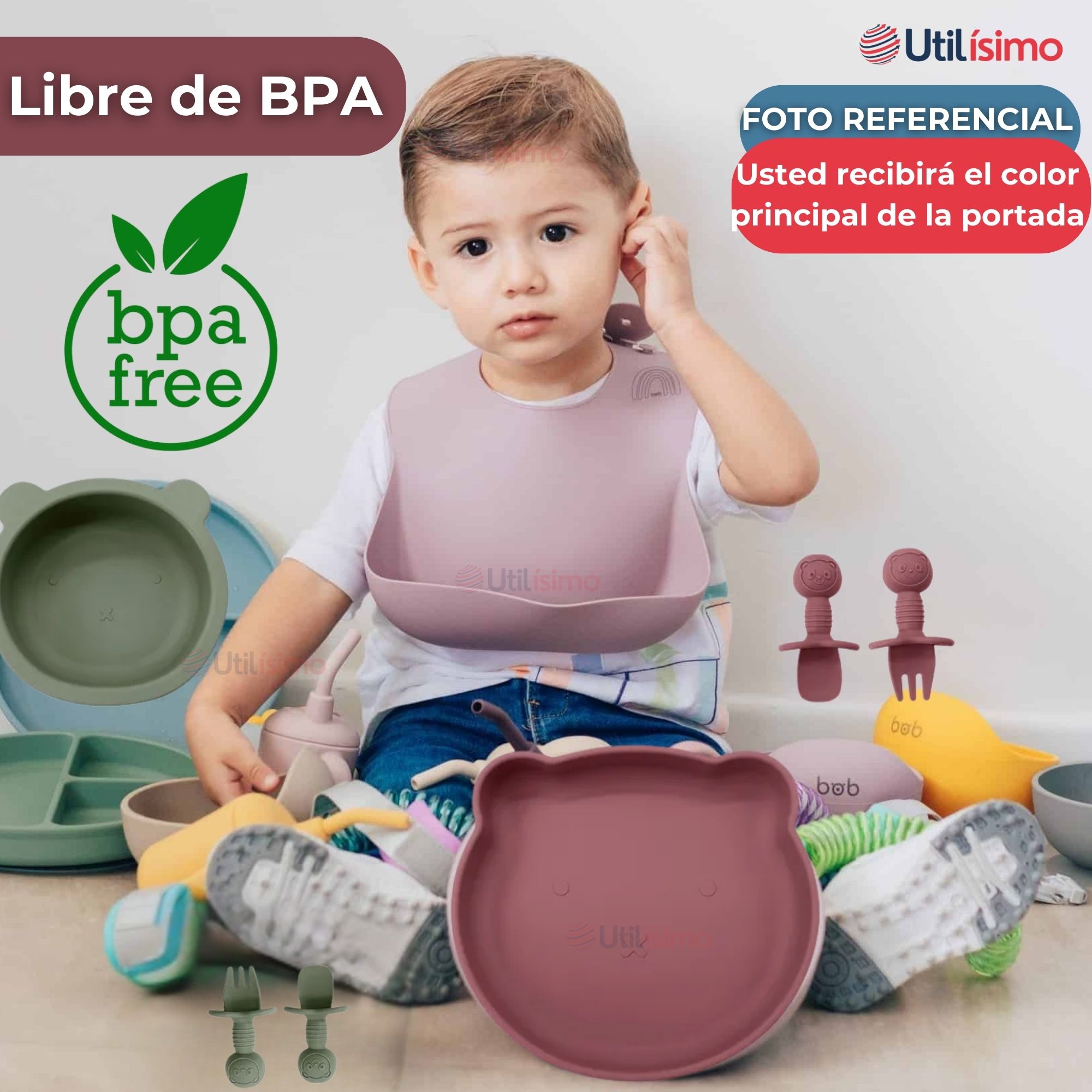 SET DE ALIMENTACIÓN BEBÉ SILICONA 5 PIEZAS DE OSITO LIBRE BPA ROSA OSCURO - 5