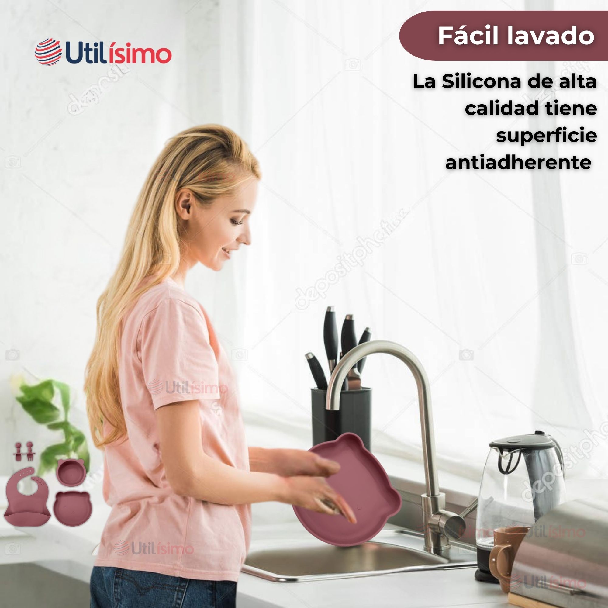 SET DE ALIMENTACIÓN BEBÉ SILICONA 5 PIEZAS DE OSITO LIBRE BPA ROSA OSCURO - 6