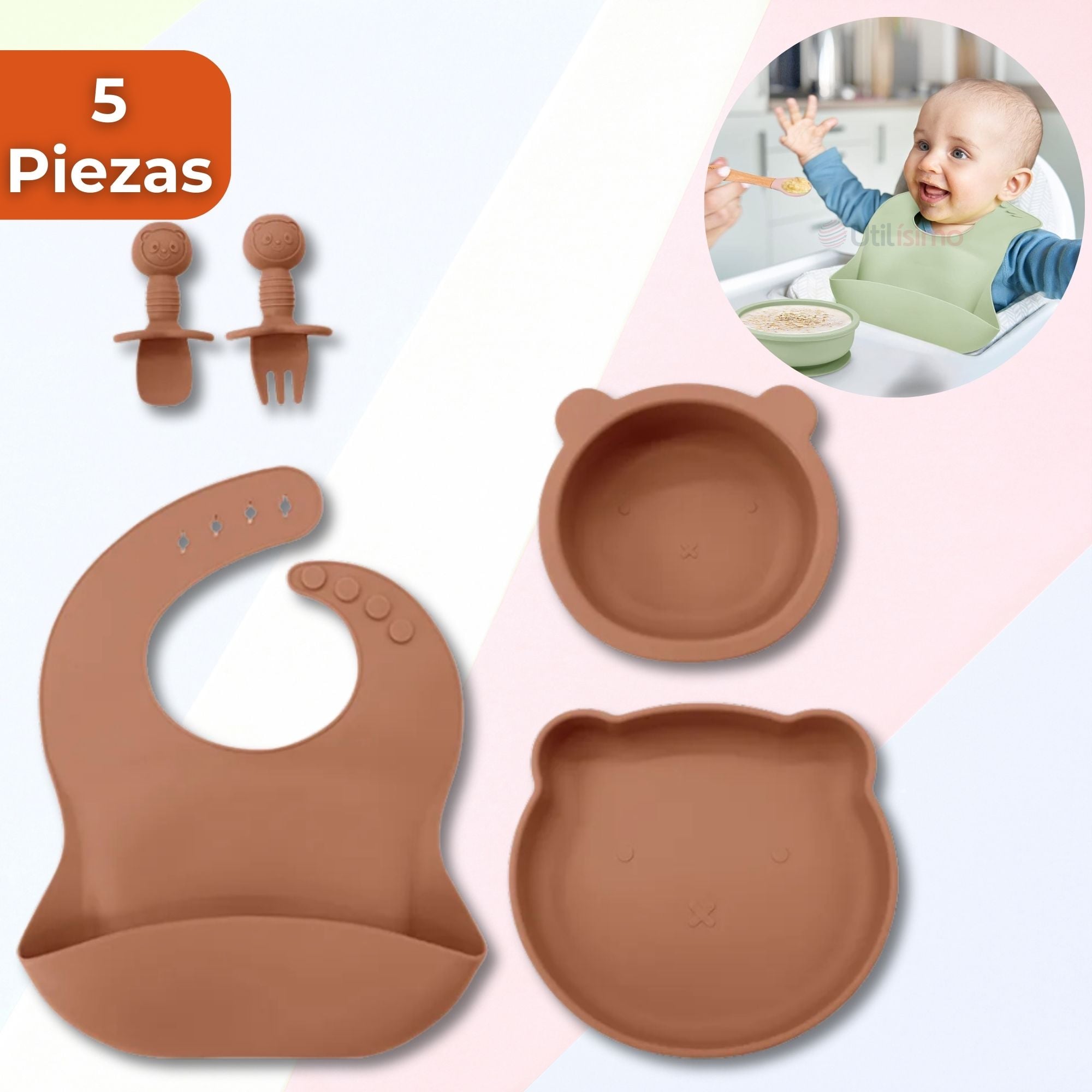 SET DE ALIMENTACIÓN BEBÉ SILICONA 5 PIEZAS DE OSITO LIBRE BPA NARANJA - 1
