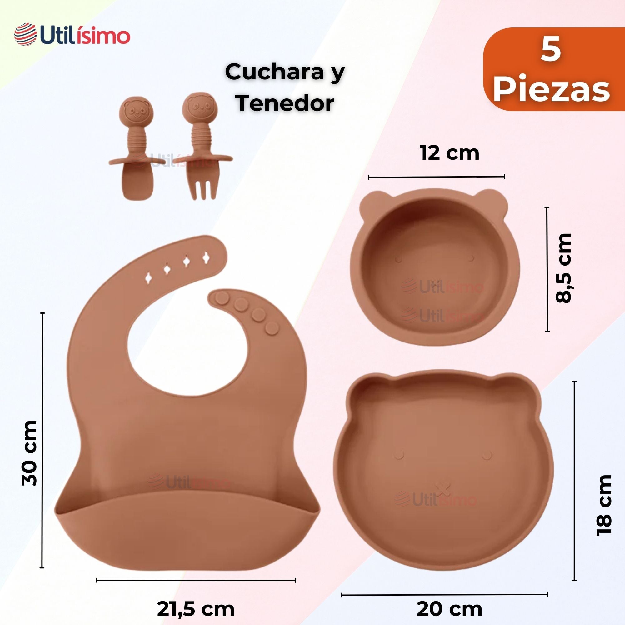 SET DE ALIMENTACIÓN BEBÉ SILICONA 5 PIEZAS DE OSITO LIBRE BPA NARANJA - 2