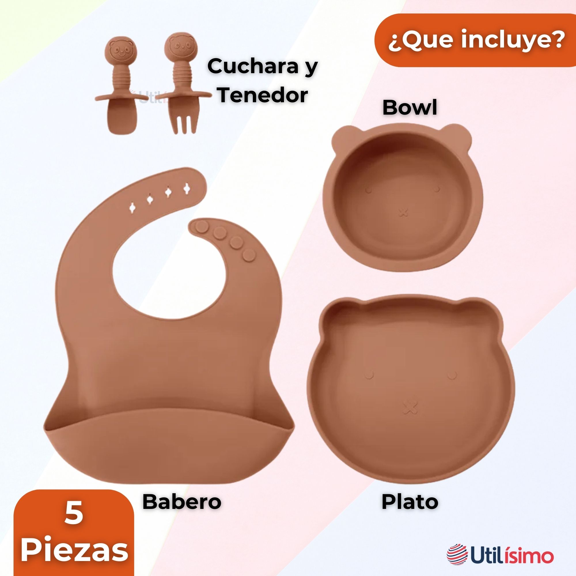 SET DE ALIMENTACIÓN BEBÉ SILICONA 5 PIEZAS DE OSITO LIBRE BPA NARANJA - 4