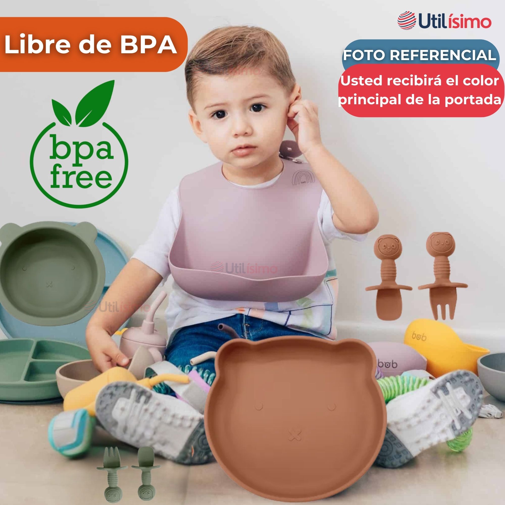 SET DE ALIMENTACIÓN BEBÉ SILICONA 5 PIEZAS DE OSITO LIBRE BPA NARANJA - 5