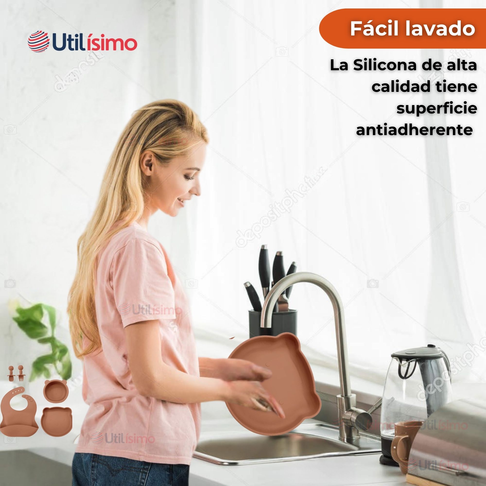 SET DE ALIMENTACIÓN BEBÉ SILICONA 5 PIEZAS DE OSITO LIBRE BPA NARANJA - 6