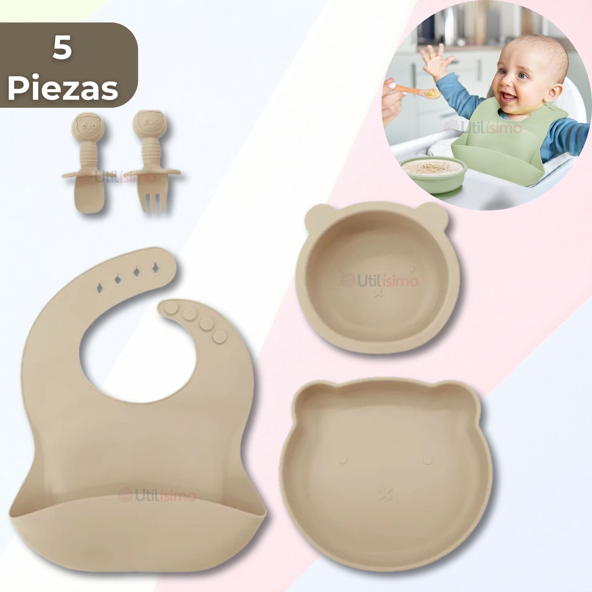 SET DE ALIMENTACIÓN BEBÉ SILICONA 5 PIEZAS DE OSITO LIBRE BPA BEIGE - 1