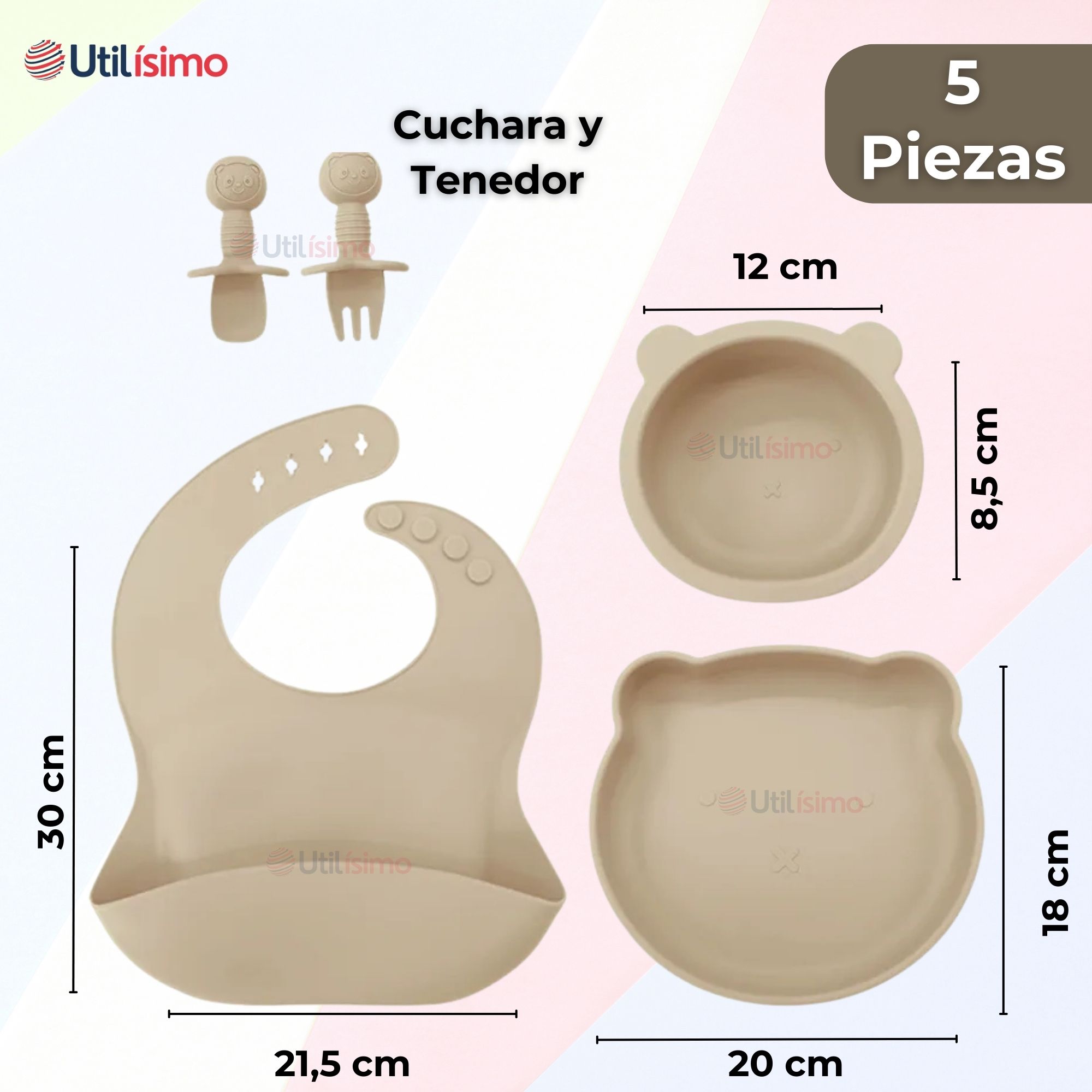 SET DE ALIMENTACIÓN BEBÉ SILICONA 5 PIEZAS DE OSITO LIBRE BPA BEIGE - 2