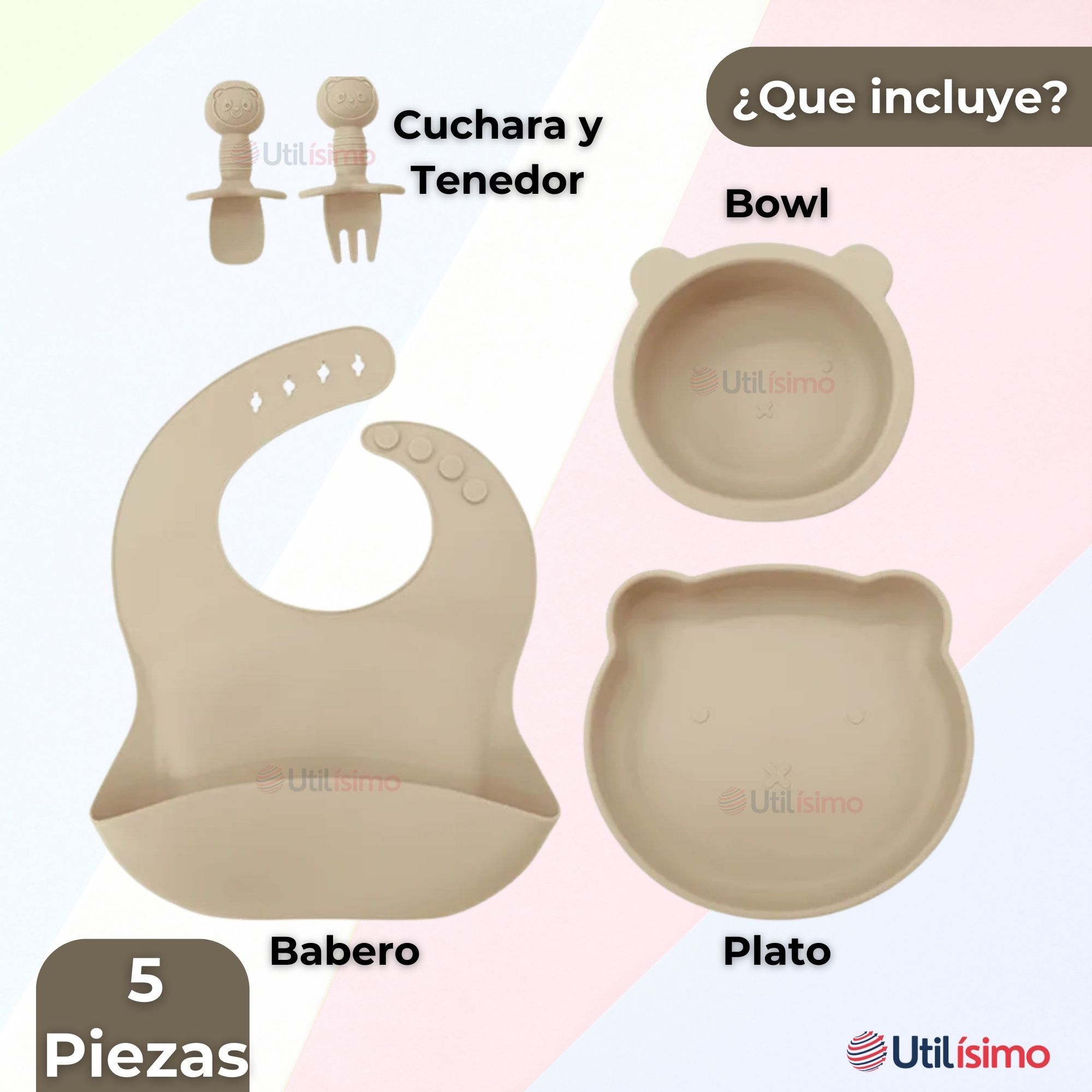 SET DE ALIMENTACIÓN BEBÉ SILICONA 5 PIEZAS DE OSITO LIBRE BPA BEIGE - 4