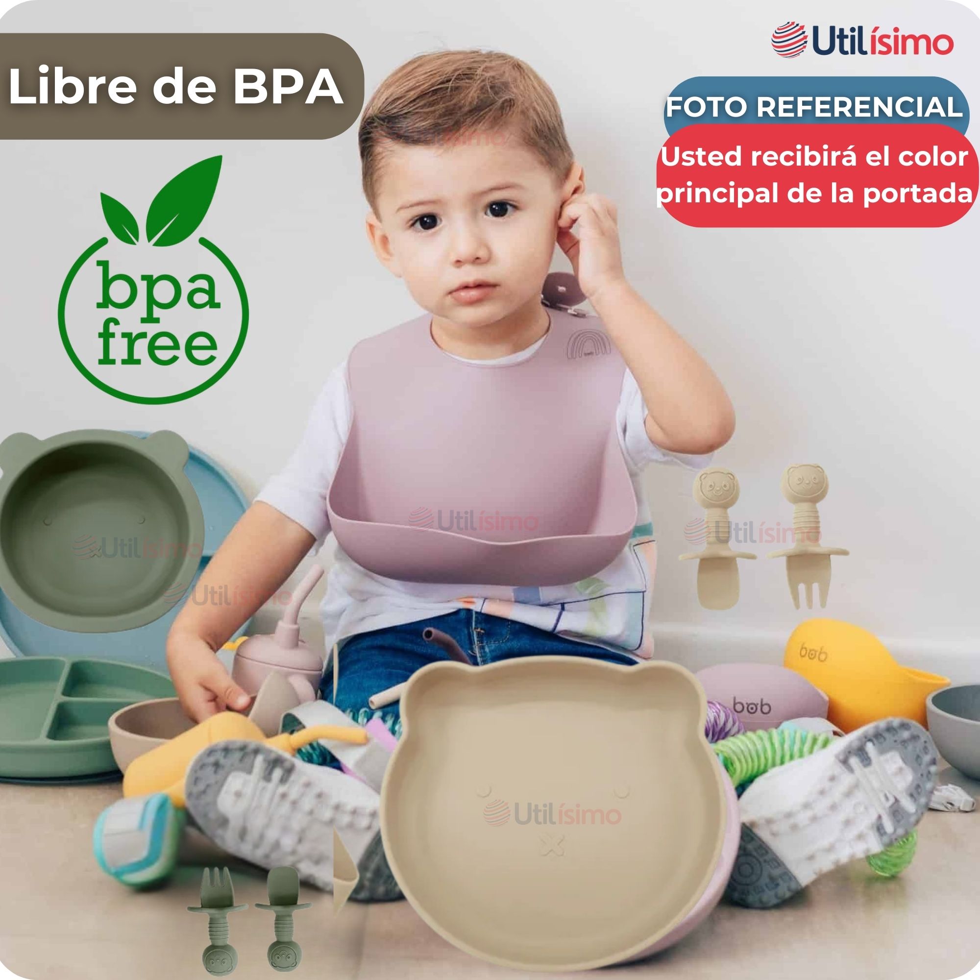 SET DE ALIMENTACIÓN BEBÉ SILICONA 5 PIEZAS DE OSITO LIBRE BPA BEIGE - 5