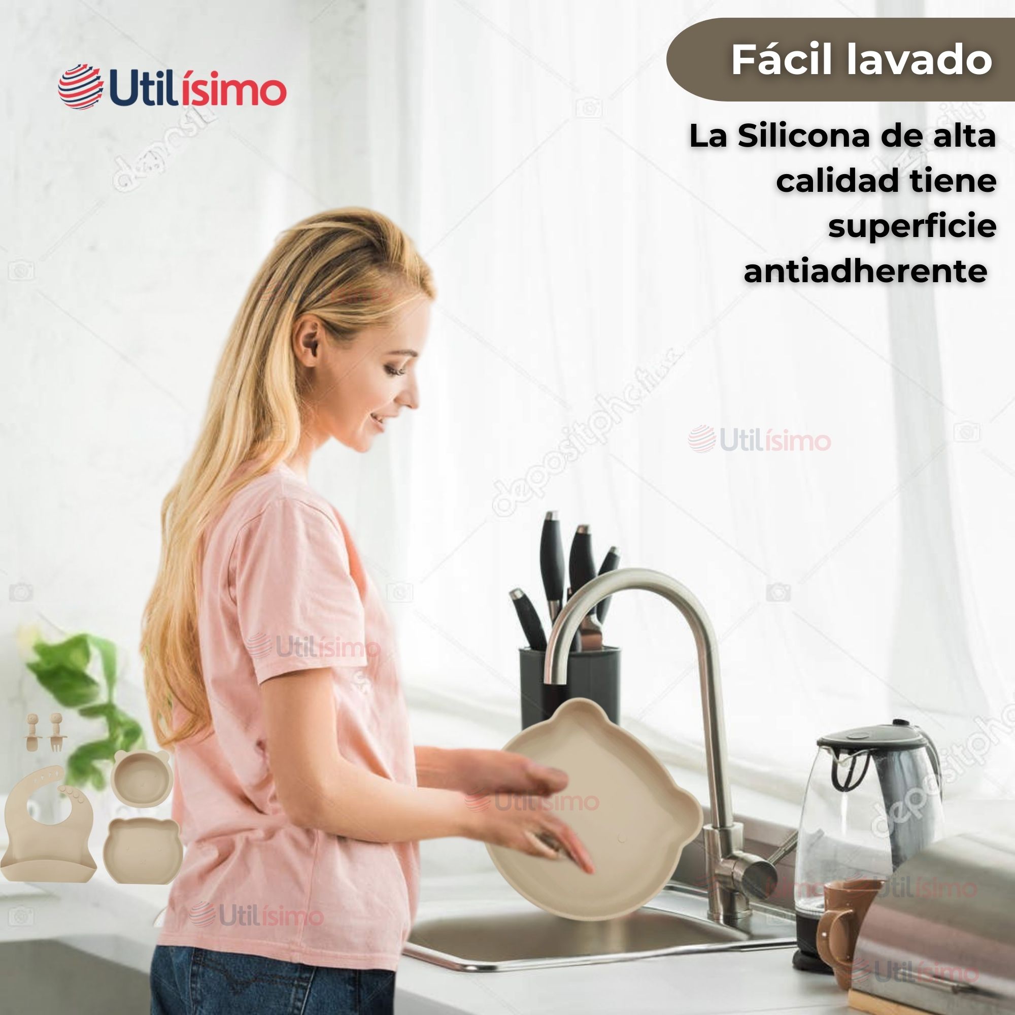 SET DE ALIMENTACIÓN BEBÉ SILICONA 5 PIEZAS DE OSITO LIBRE BPA BEIGE - 6