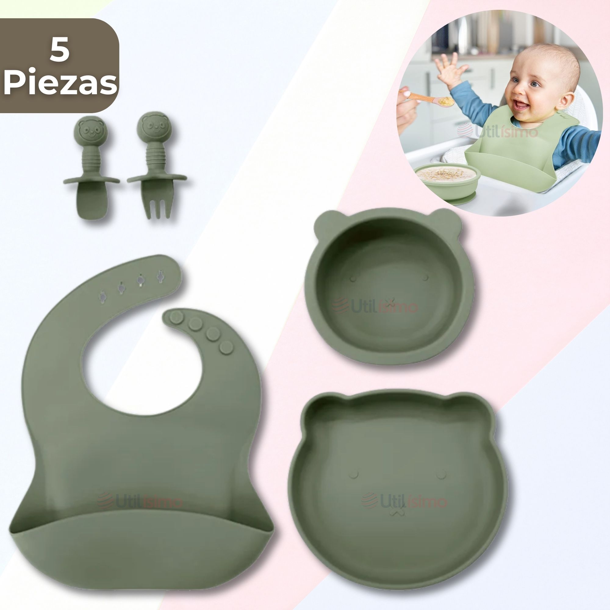 SET DE ALIMENTACIÓN BEBÉ SILICONA 5 PIEZAS DE OSITO LIBRE BPA VERDE - 1